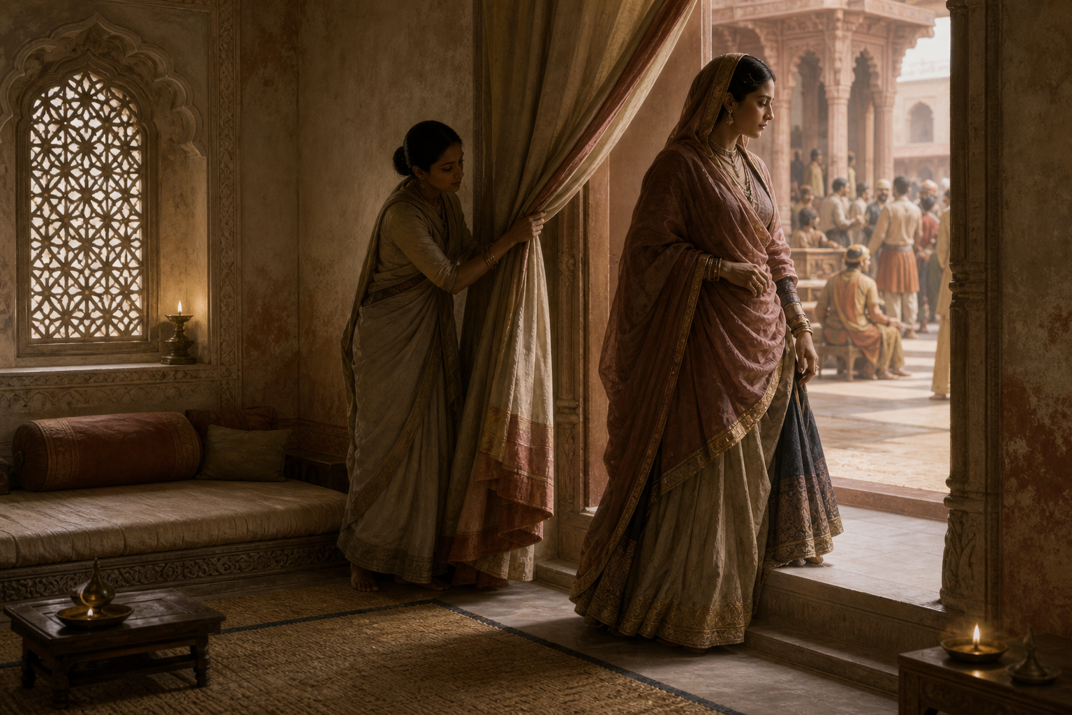 A queen deliberately enters a quiet palace chamber as an attendant remains at the threshold and court activity continues outside.