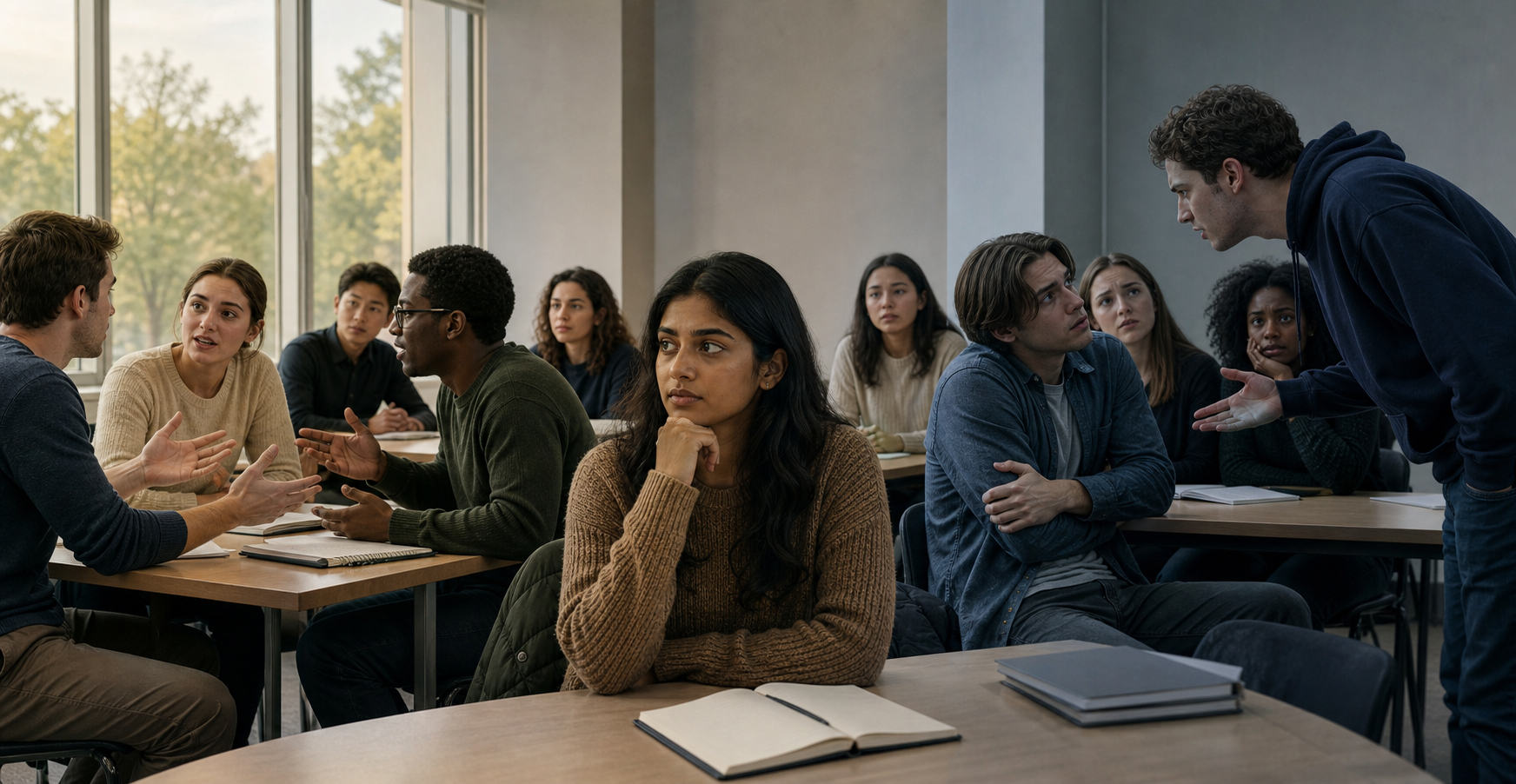 A South Asian student stands between a respectful campus discussion and a separate scene in which another student is being singled out aggressively.
