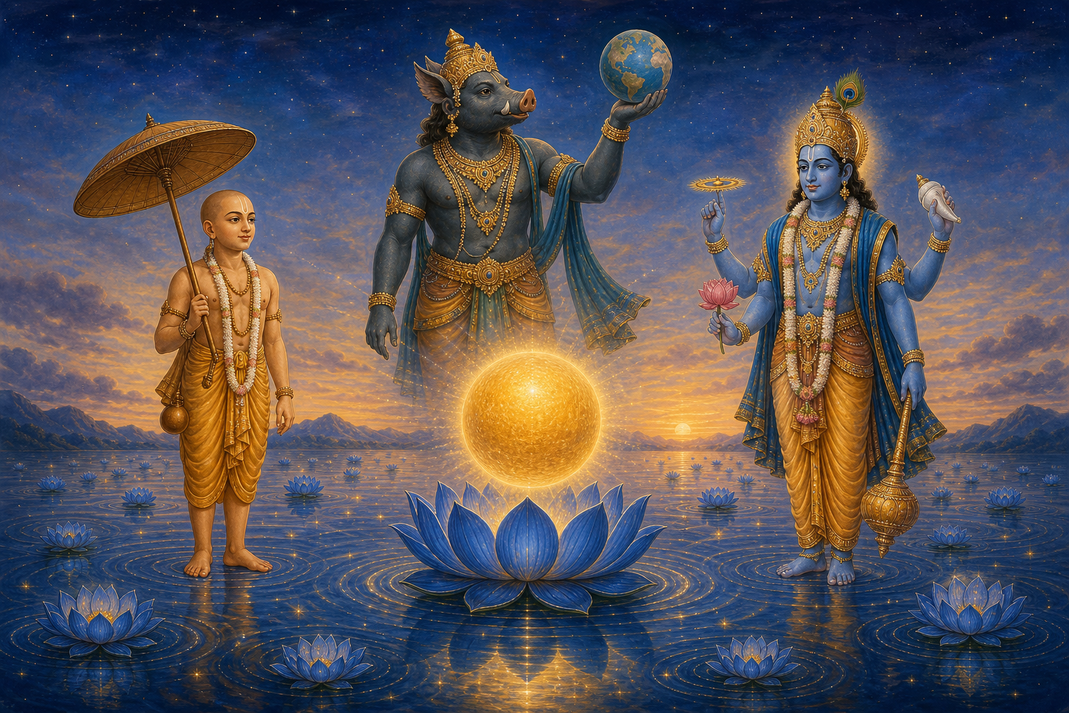 Vamana, Varaha, and four-armed Narayana appear as complete figures within one continuous golden radiance above a lotus-filled cosmic lake.