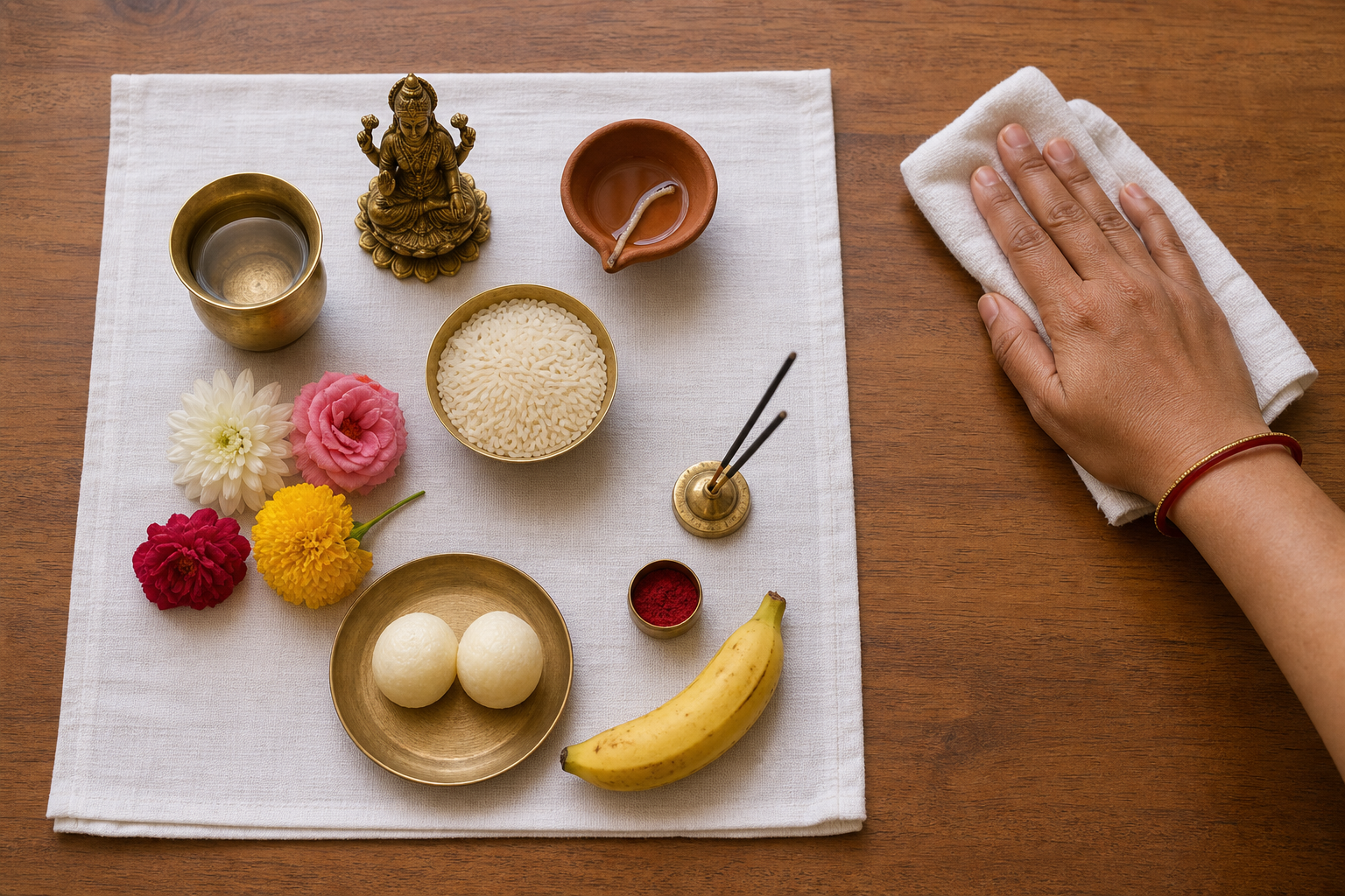 An overhead view of a small altar being cleaned and arranged with a lamp, water, rice, banana, sweets, flowers, and a brass Lakshmi figure.