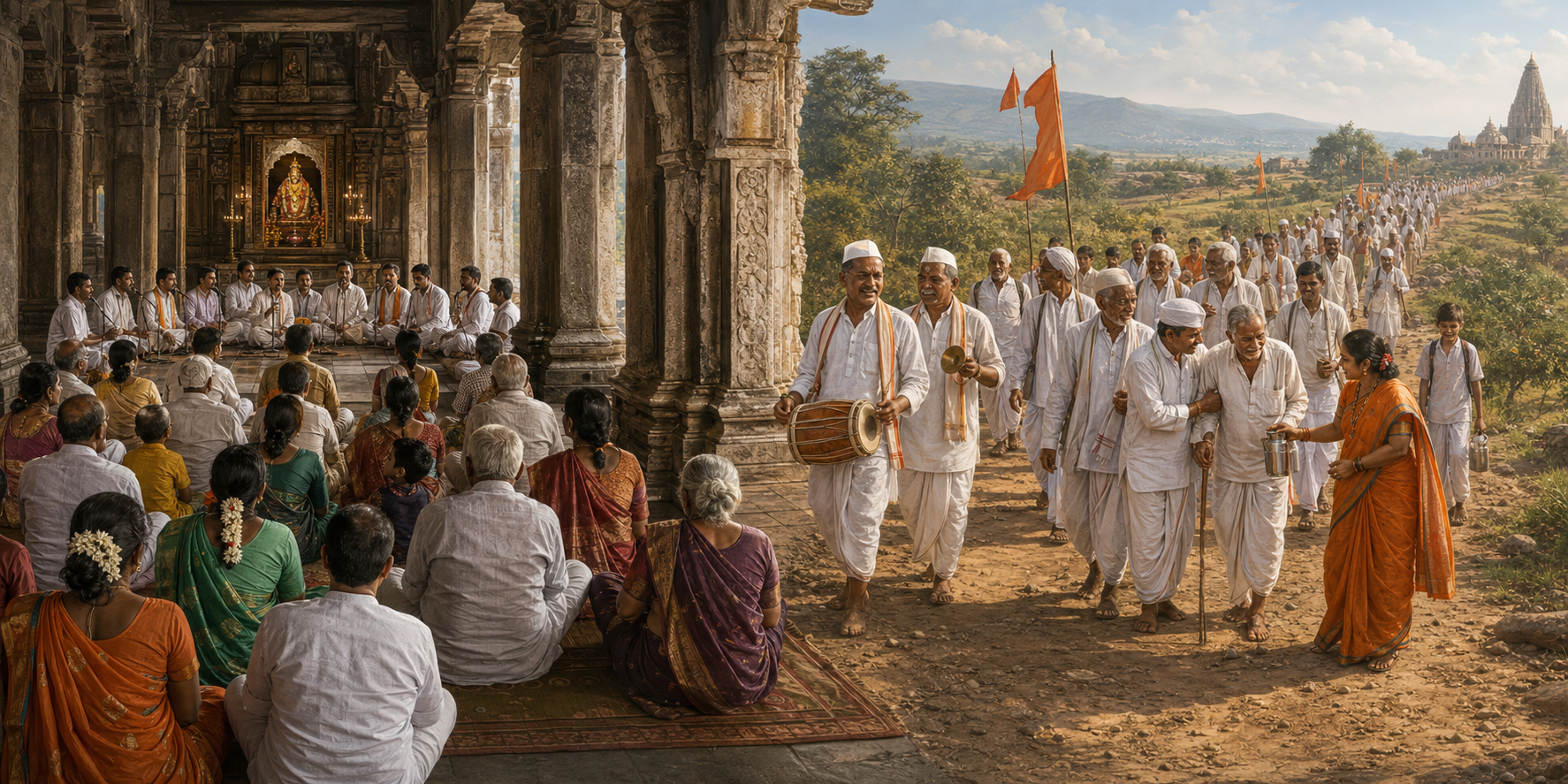 A temple congregation sits in aligned rows for hymn recitation as a Varkari procession walks, sings, plays instruments, and assists fellow pilgrims on a country road.
