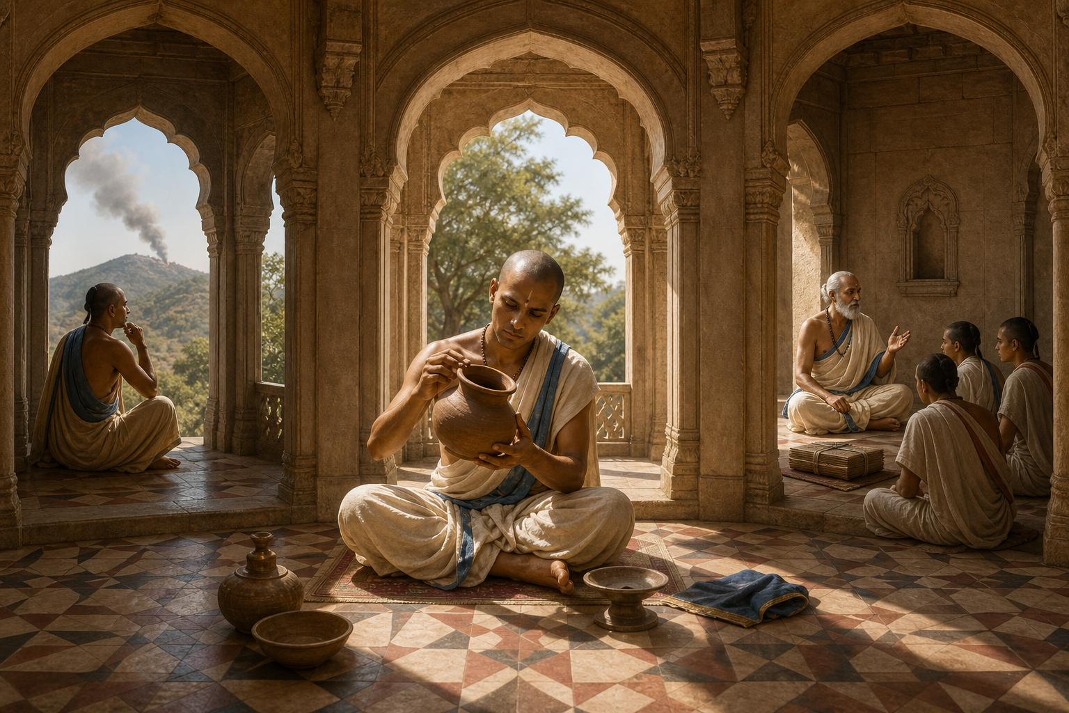 A scholar observes a clay vessel, studies smoke beyond a hill, and listens to an elder teacher in three connected parts of a traditional learning hall.