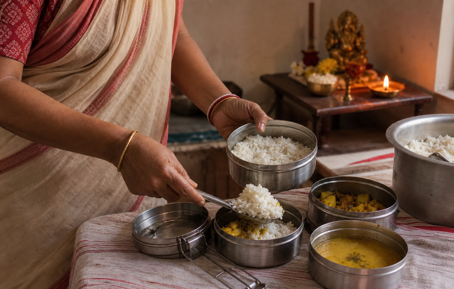 A person portions rice, lentils, and vegetables into reusable containers while a small lit Lakshmi altar remains visible in the background.