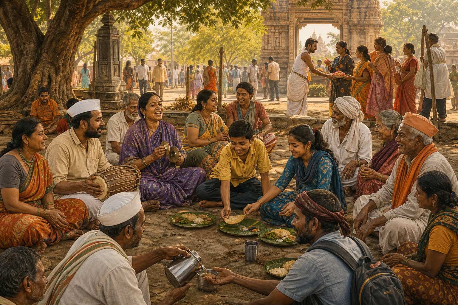 A diverse group of pilgrims sings, listens, shares water, and serves a communal meal while a temple volunteer welcomes visitors in the background.