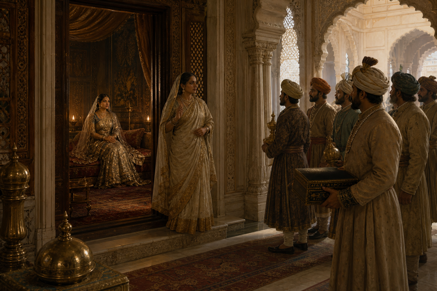 Ministers halt outside a palace chamber while an attendant conveys the wishes of a queen seated within.