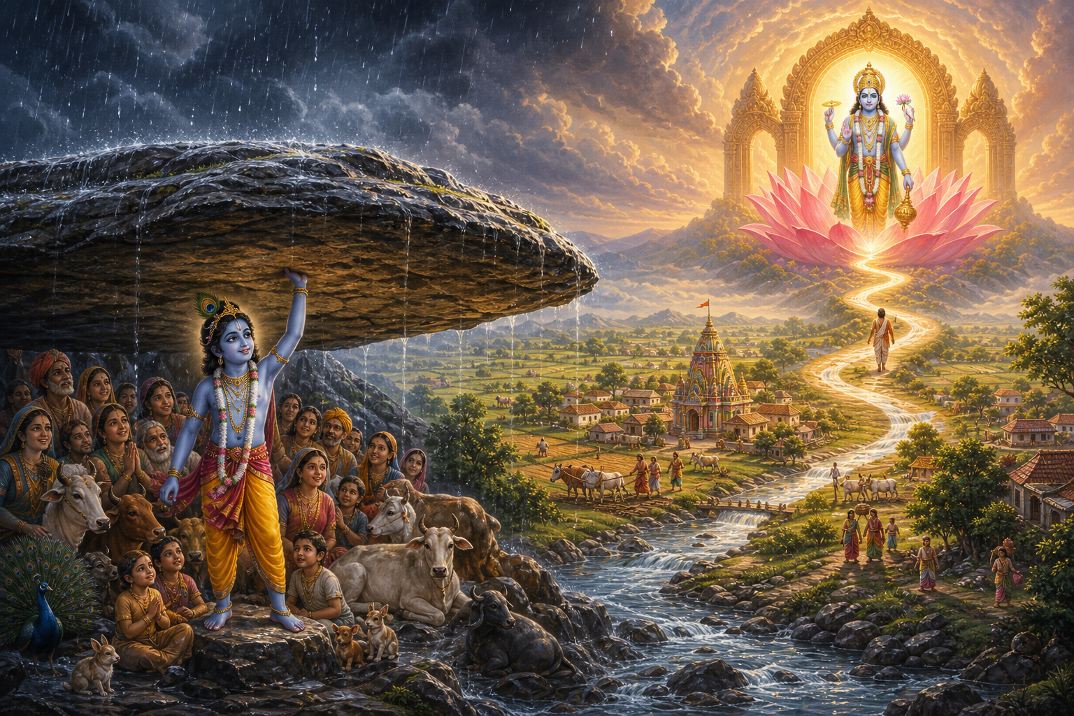 Govinda shelters villagers and cattle from a storm while a restored landscape and a distant devotee approaching Vishnu suggest broader forms of divine protection.
