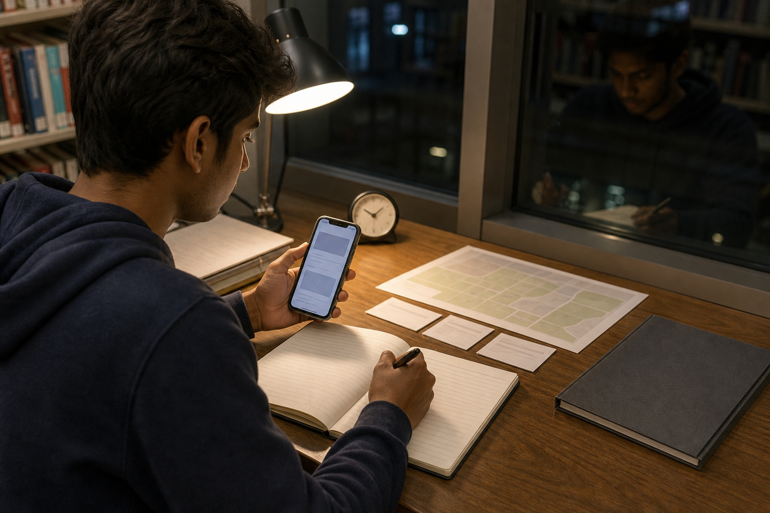 A student at a library desk organizes phone records, handwritten notes, and documents under a warm reading lamp.