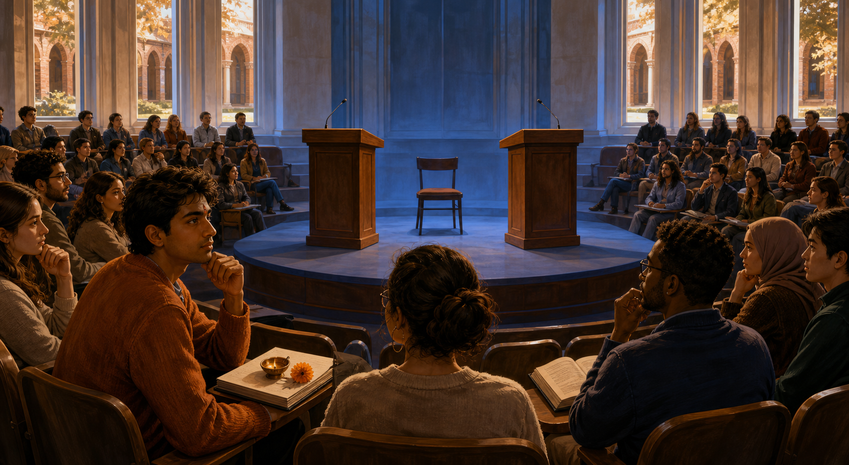 Students and faculty attend a university forum with two lecterns, microphones, books, and a small diya and marigold near a student in the foreground.