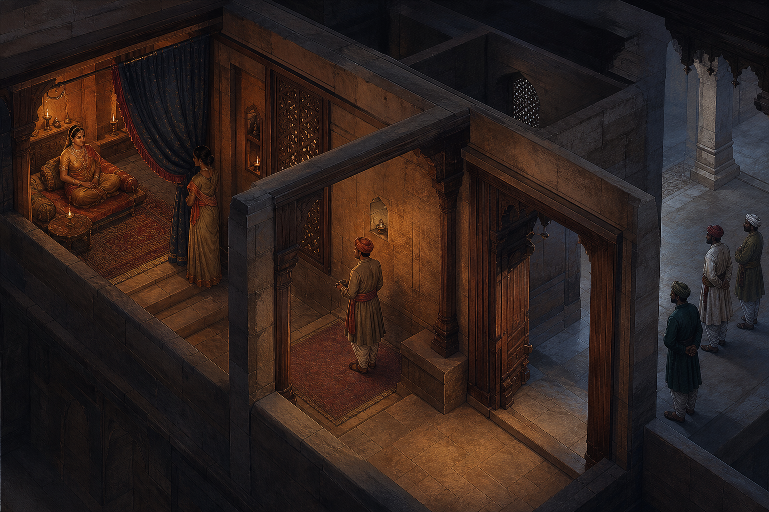 A cutaway view of a palace chamber shows a queen, attendant, messenger, and courtiers separated by curtains and successive thresholds.