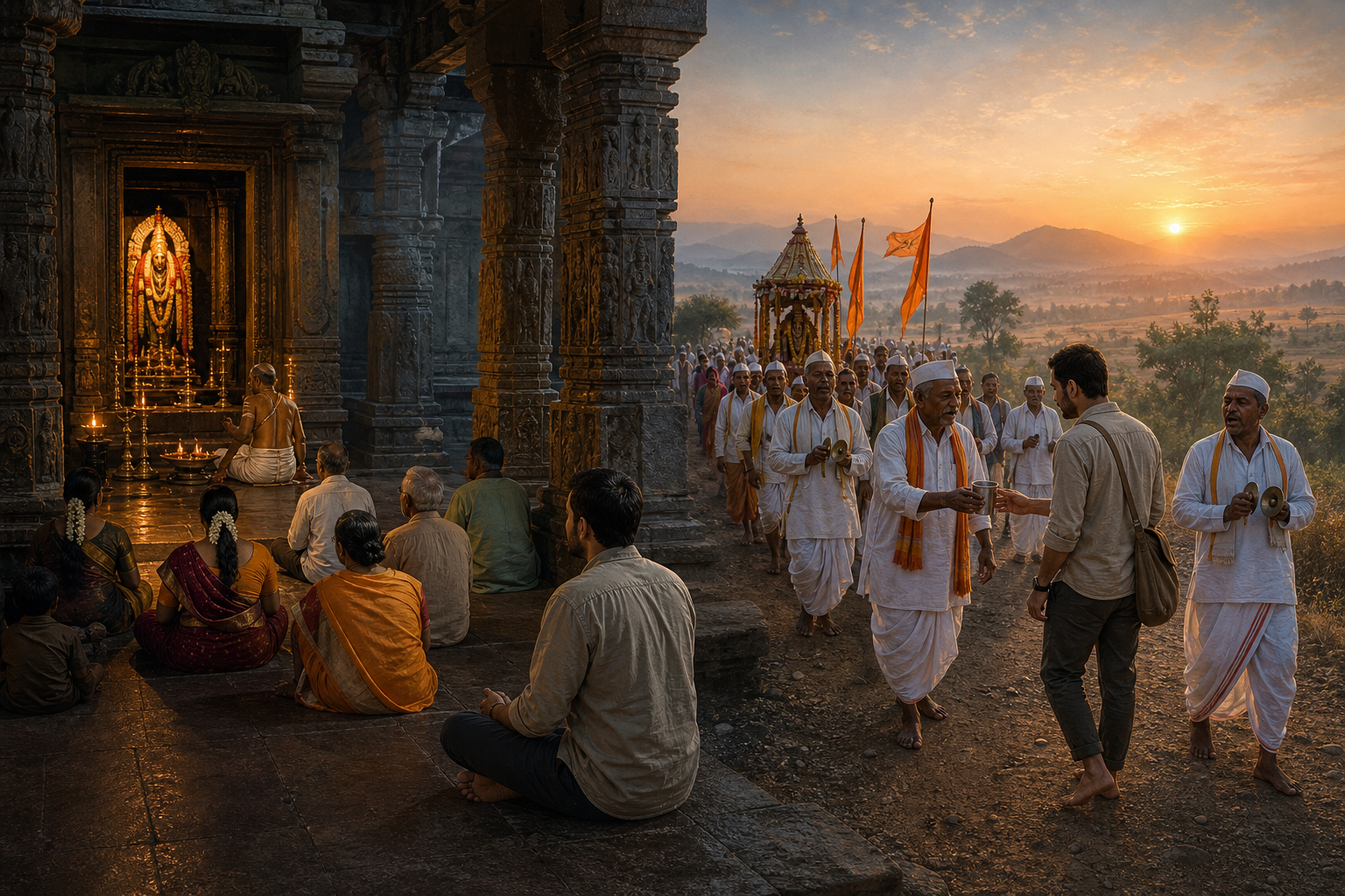 An attentive visitor observes a temple recitation from behind local devotees and later walks respectfully beside a singing Maharashtrian pilgrimage group.