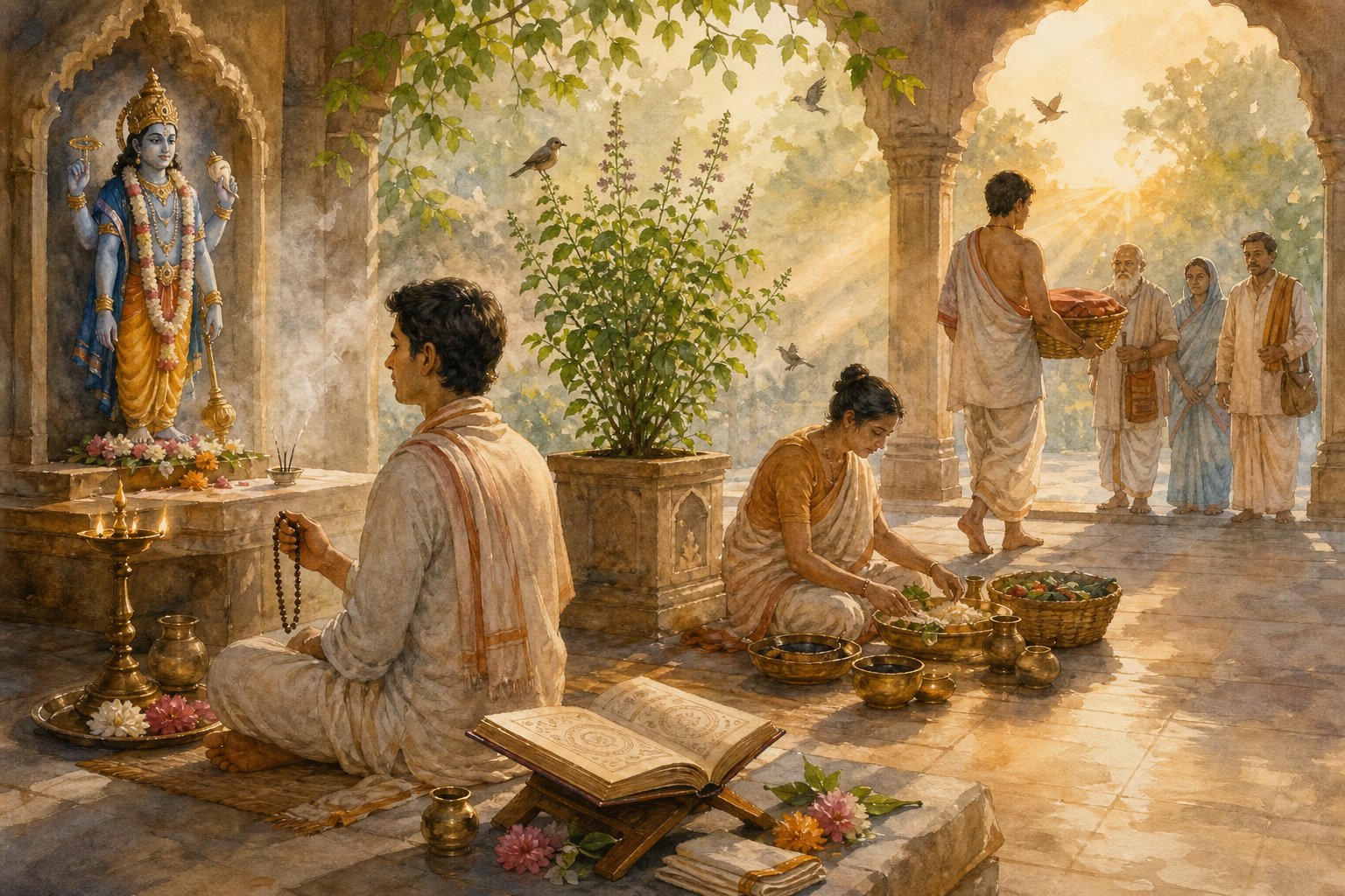 Devotees pray with beads, prepare an offering, and carry food for service in a sunlit courtyard with a Vishnu shrine and tulasi plant.