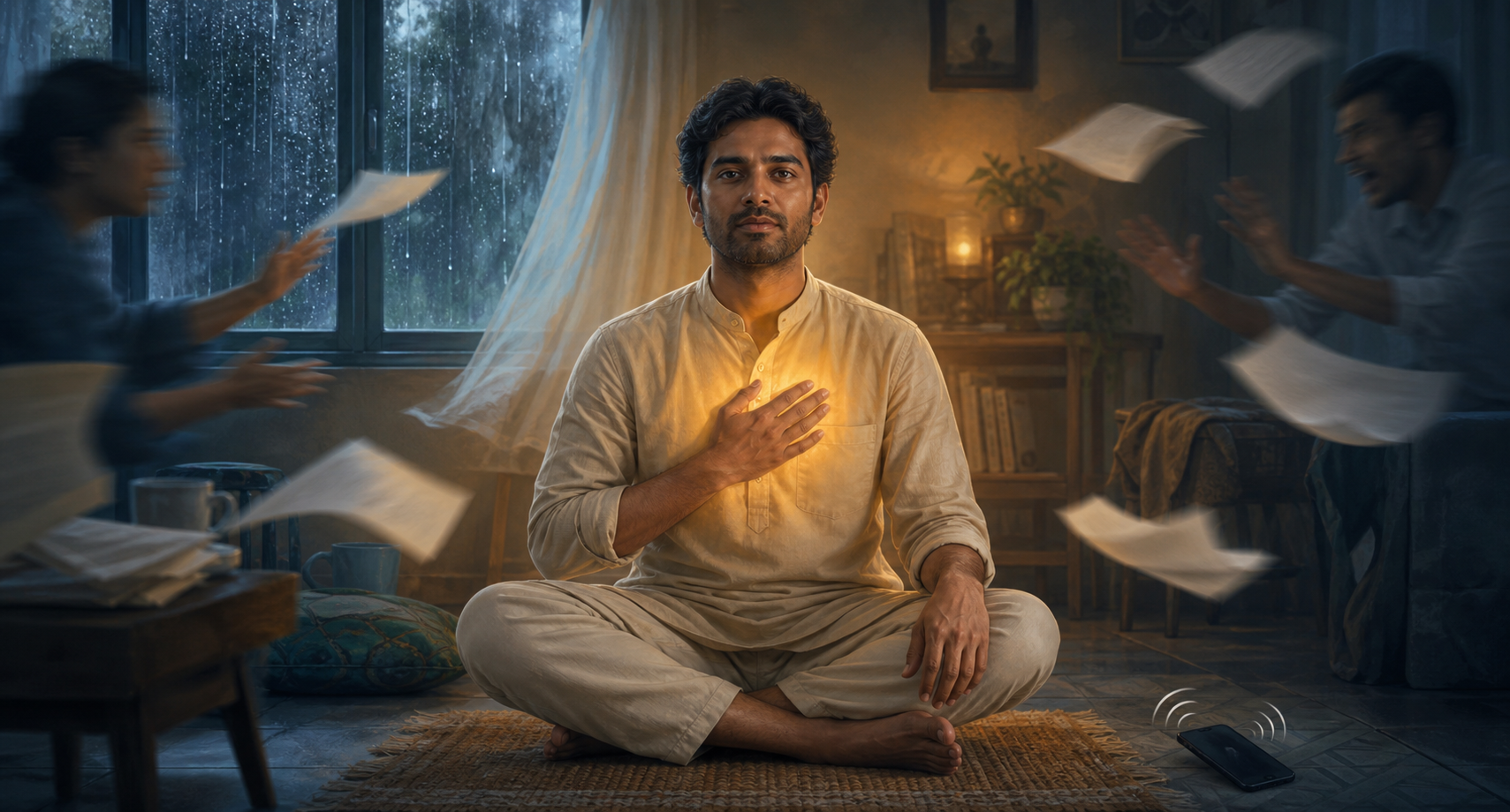 An Indian adult sits calmly in a home as rain, scattered papers, and a vibrating phone suggest pressure around them.