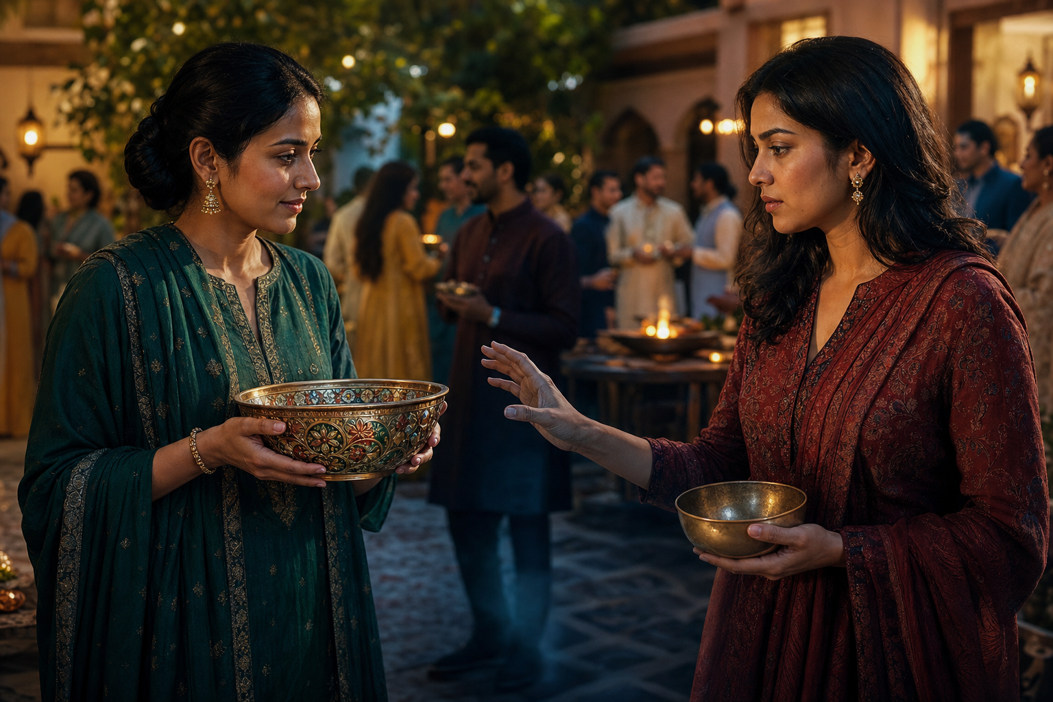 At a courtyard gathering, a guest pauses while reaching toward another person's ornate bowl, still holding a simpler bowl of their own.