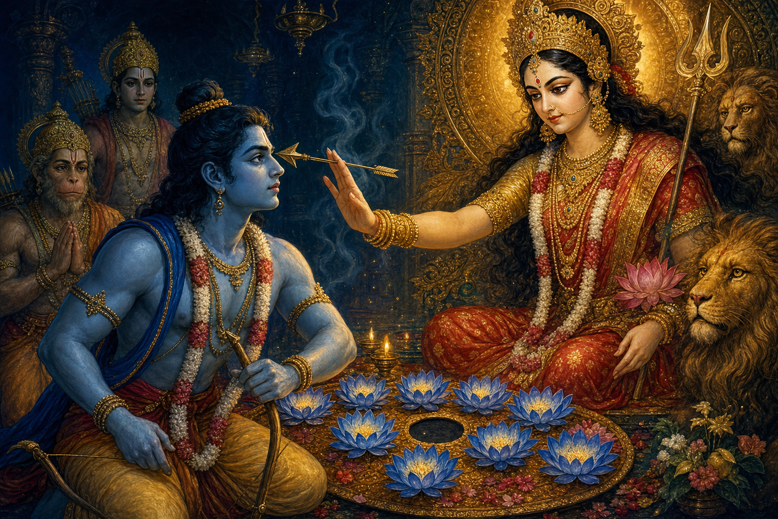 Durga stops Rama as he raises an arrow toward his eye beside an offering with one blue lotus missing.