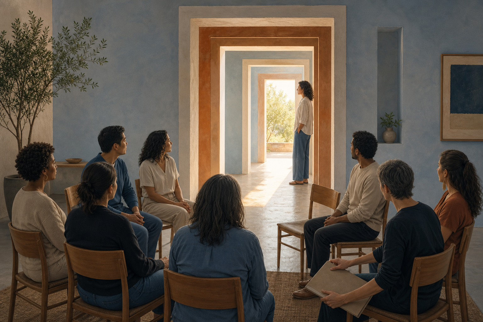 A seated group pauses and listens while a woman stands apart near an open doorway in a contemporary meeting room.