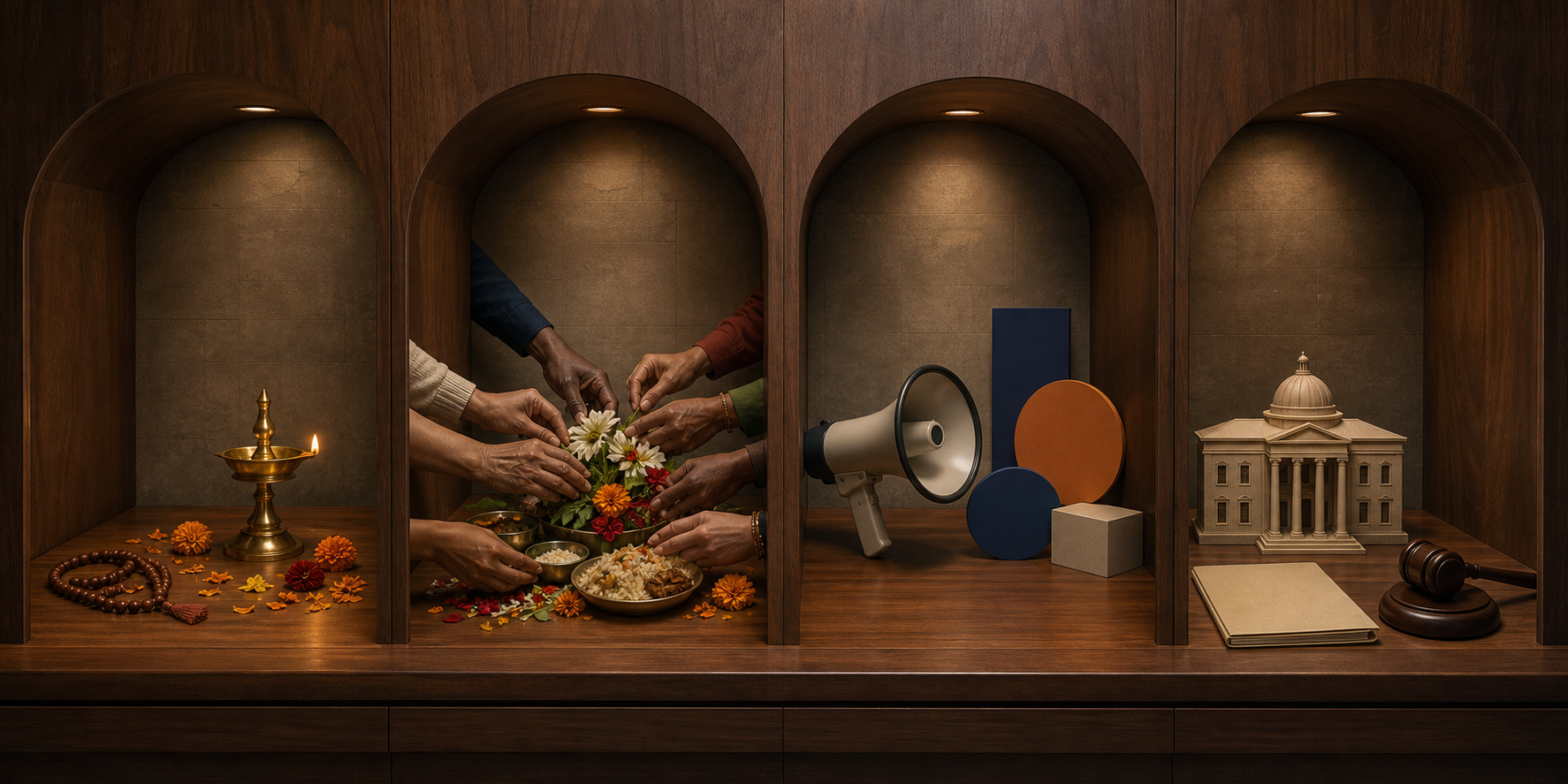 Four separate library alcoves contain religious objects, community hands, an unbranded megaphone, and civic policy objects.