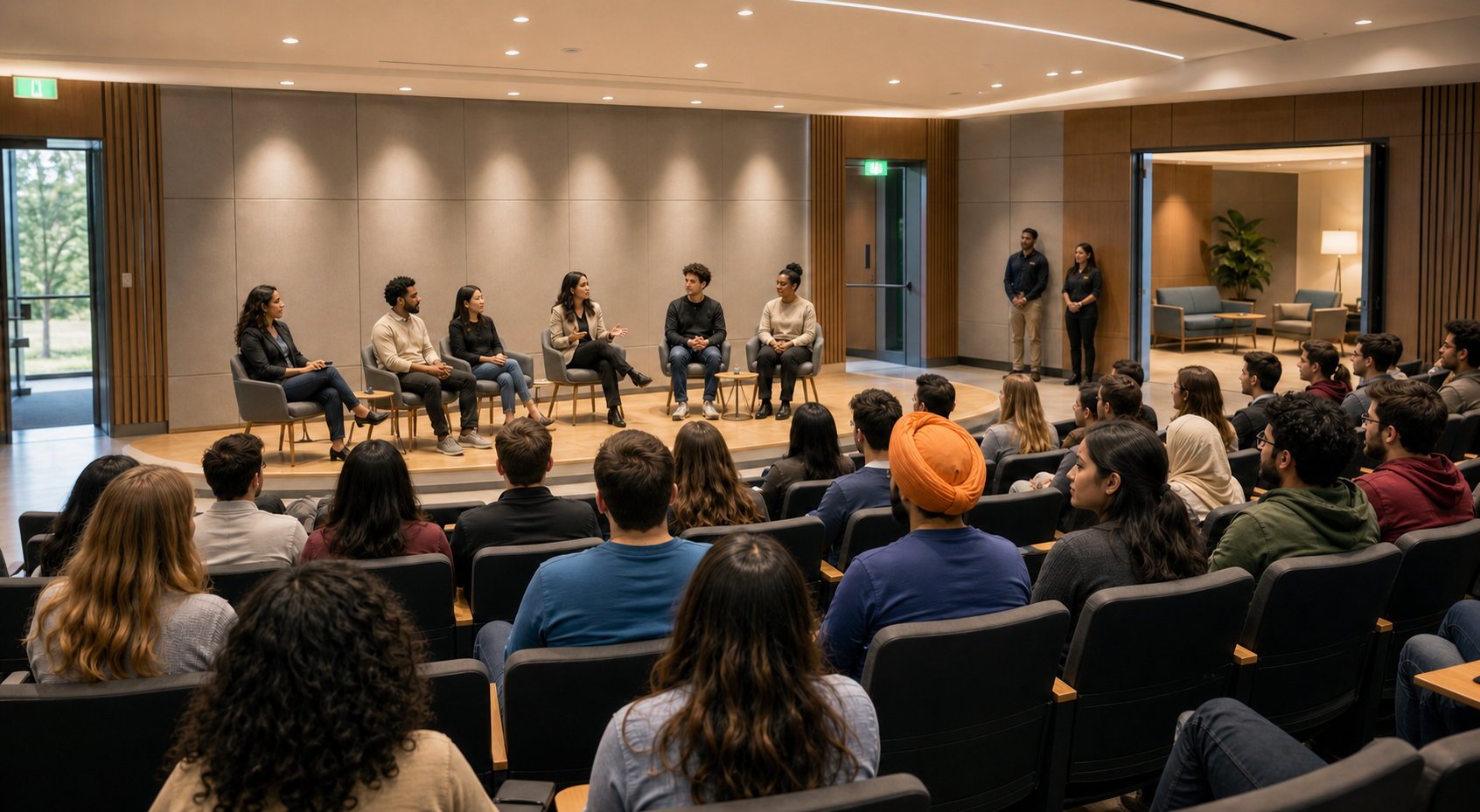 A moderated campus forum takes place in a lecture hall with diverse students, visible support staff, clear exits, and a quiet room nearby.