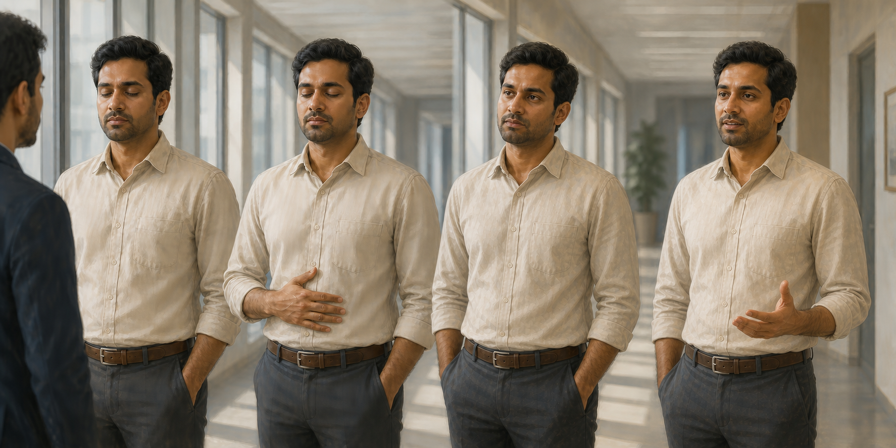 Four successive views show an Indian professional becoming still, breathing, reflecting, and responding calmly during a tense workplace conversation.