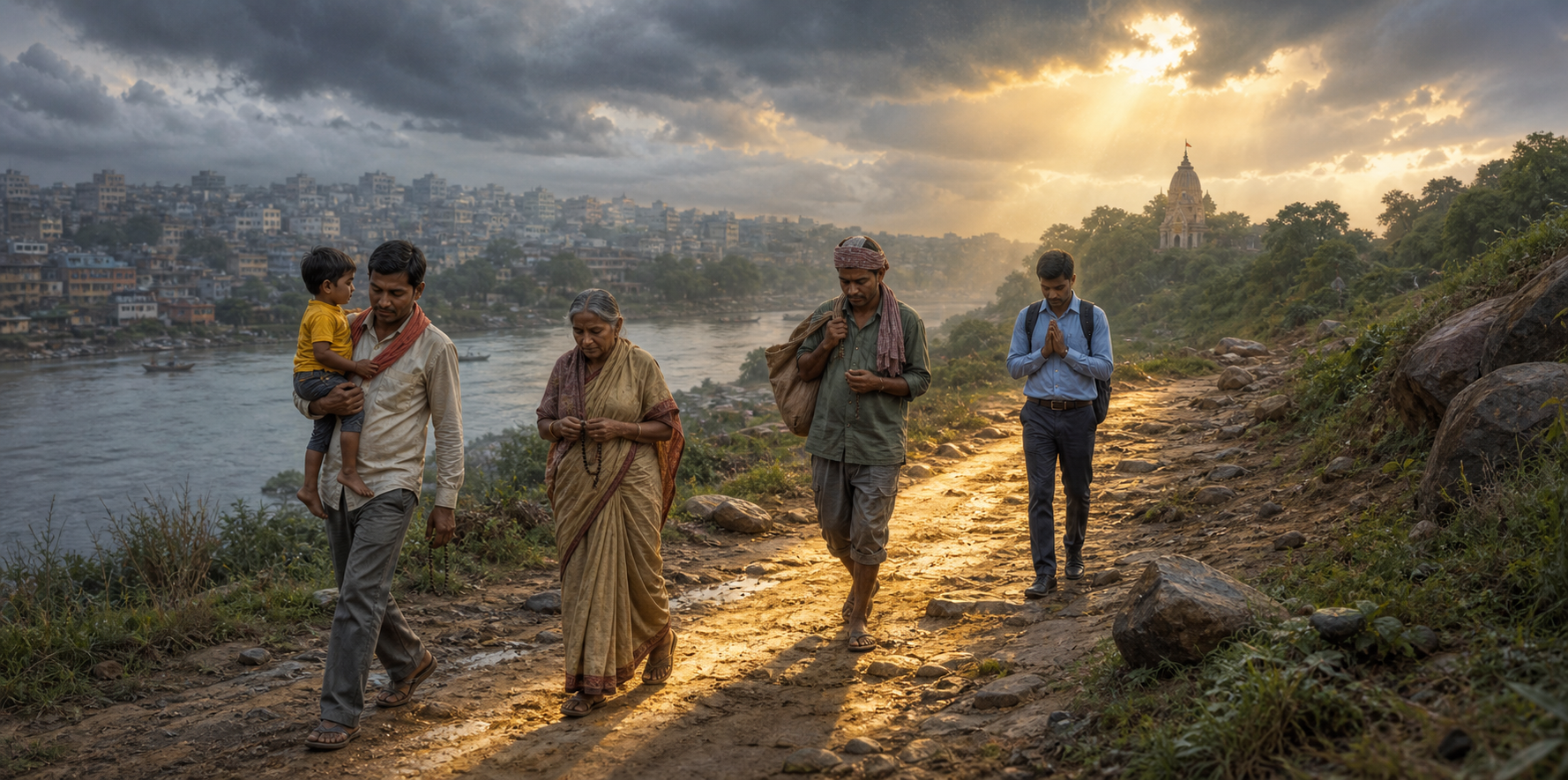 Devotees of different ages and occupations walk an uneven riverside path toward a distant temple as sunlight breaks through clouds over a crowded city.