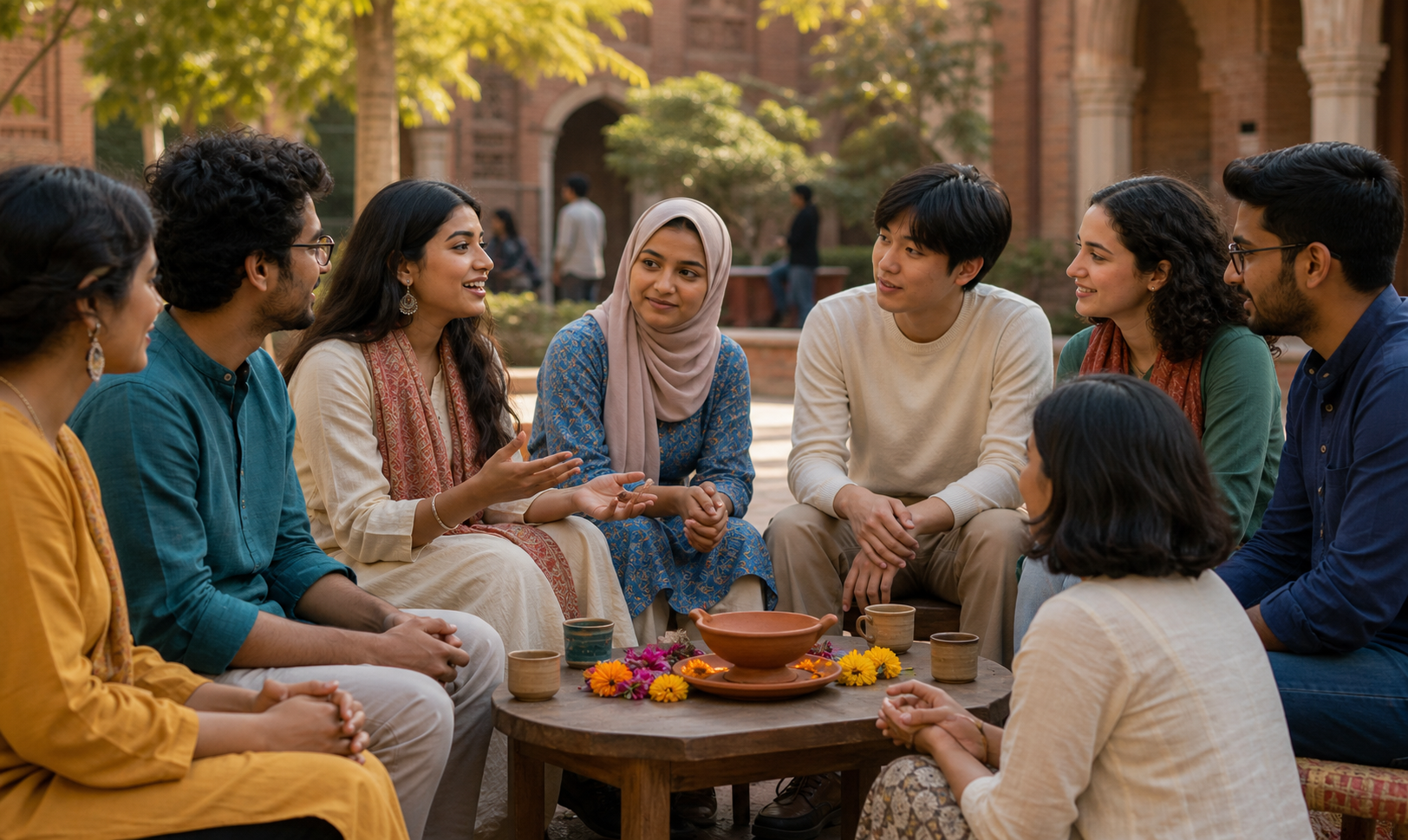 Hindu students and classmates from varied backgrounds sit in a campus courtyard circle with tea, flowers, and a clay lamp.