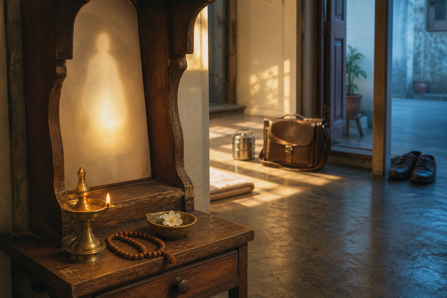 A home prayer shelf with an oil lamp, flower, and tulsi beads stands beside everyday belongings under changing dawn, midday, and evening light.