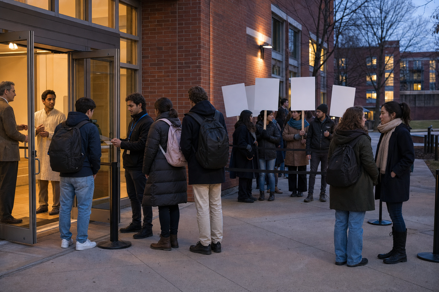 Students enter a red-brick university auditorium as event staff and campus safety stewards manage access near a small peaceful gathering.