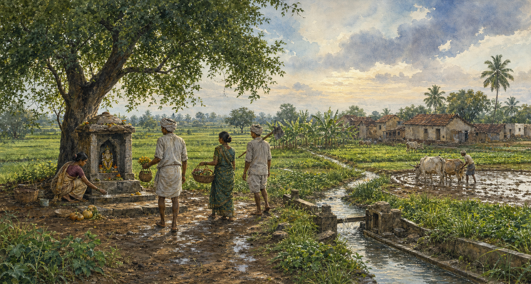 Farmers bring grain, vegetables and flowers to a small tree-shaded goddess shrine beside monsoon fields and an irrigation channel.