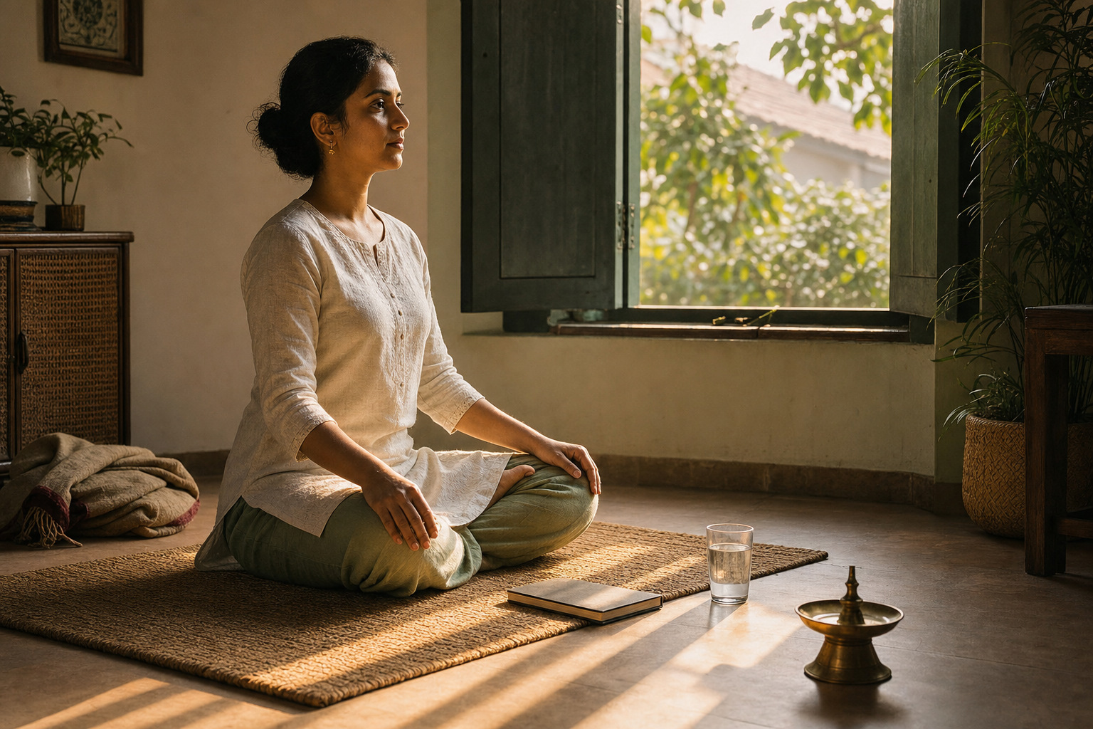 An Indian adult practices quiet seated breathing beside an open window at dawn, with a journal, water, and brass lamp nearby.