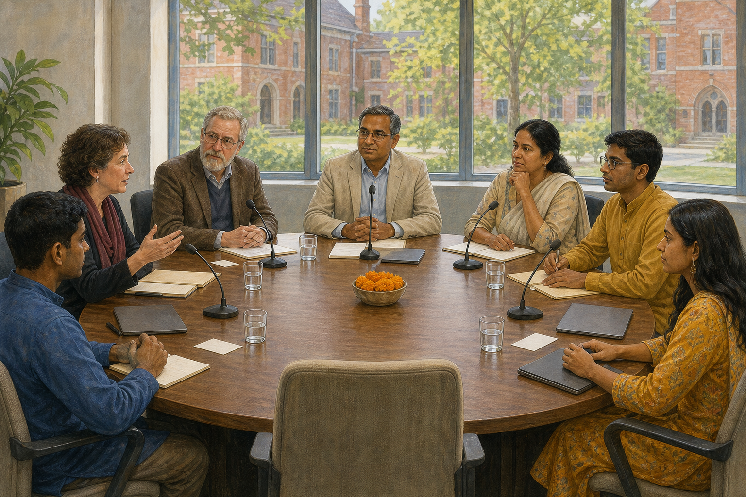 A moderator, scholars, and Hindu student representatives listen to one another around an evenly arranged university seminar table.