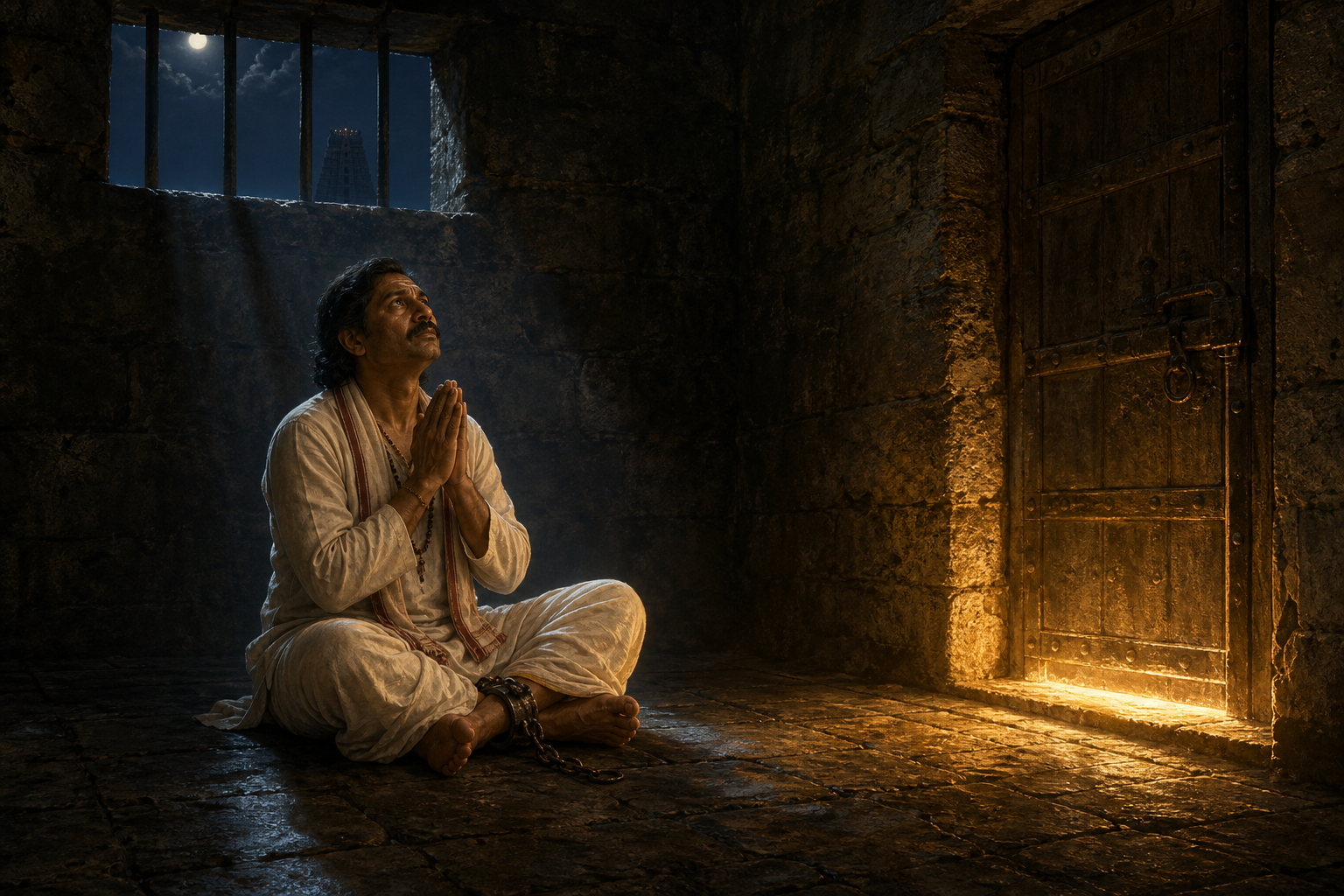 Ramadasu sits in prayer with ankle restraints inside a moonlit stone prison cell as warm light appears beyond the closed door.