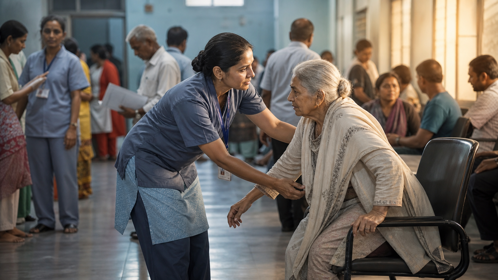 A hospital worker calmly helps an elderly visitor into a chair while a busy clinic continues in the background.