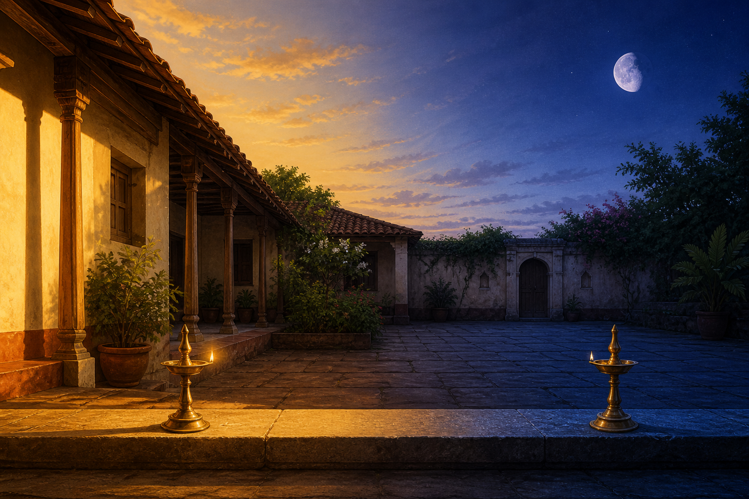 One temple courtyard appears in late-afternoon light on the left and evening moonlight on the right, with ritual lamps marking the transition.