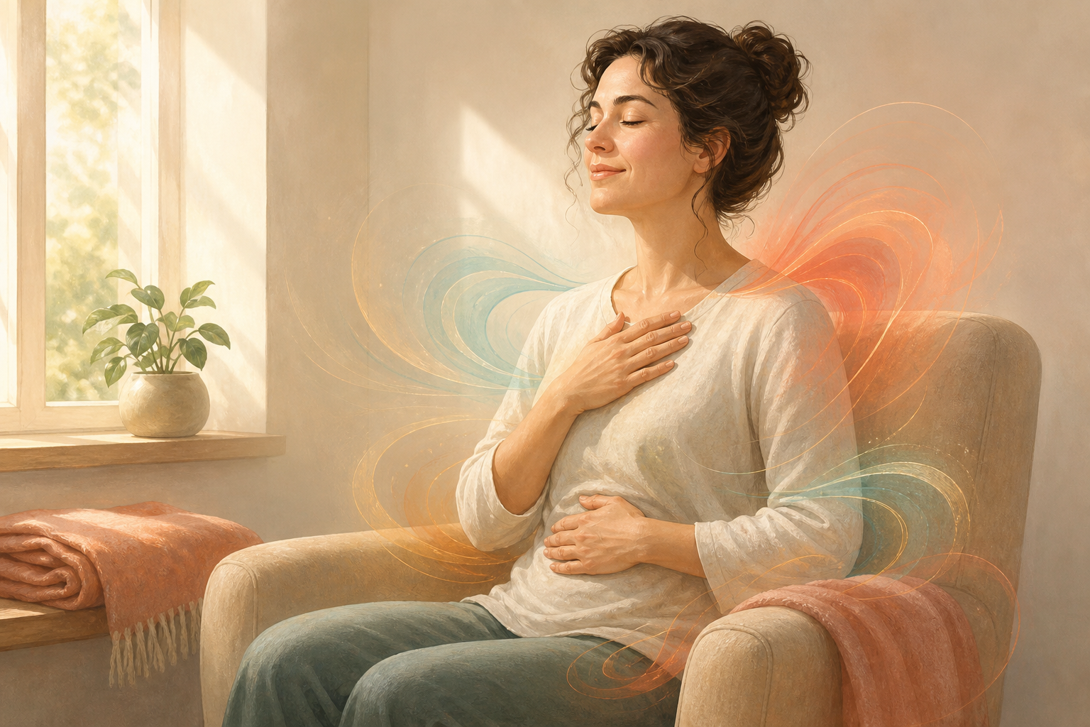 An adult seated by a sunlit window rests their hands on their chest and ribs as colored waves surround the shoulder, back, and hip.