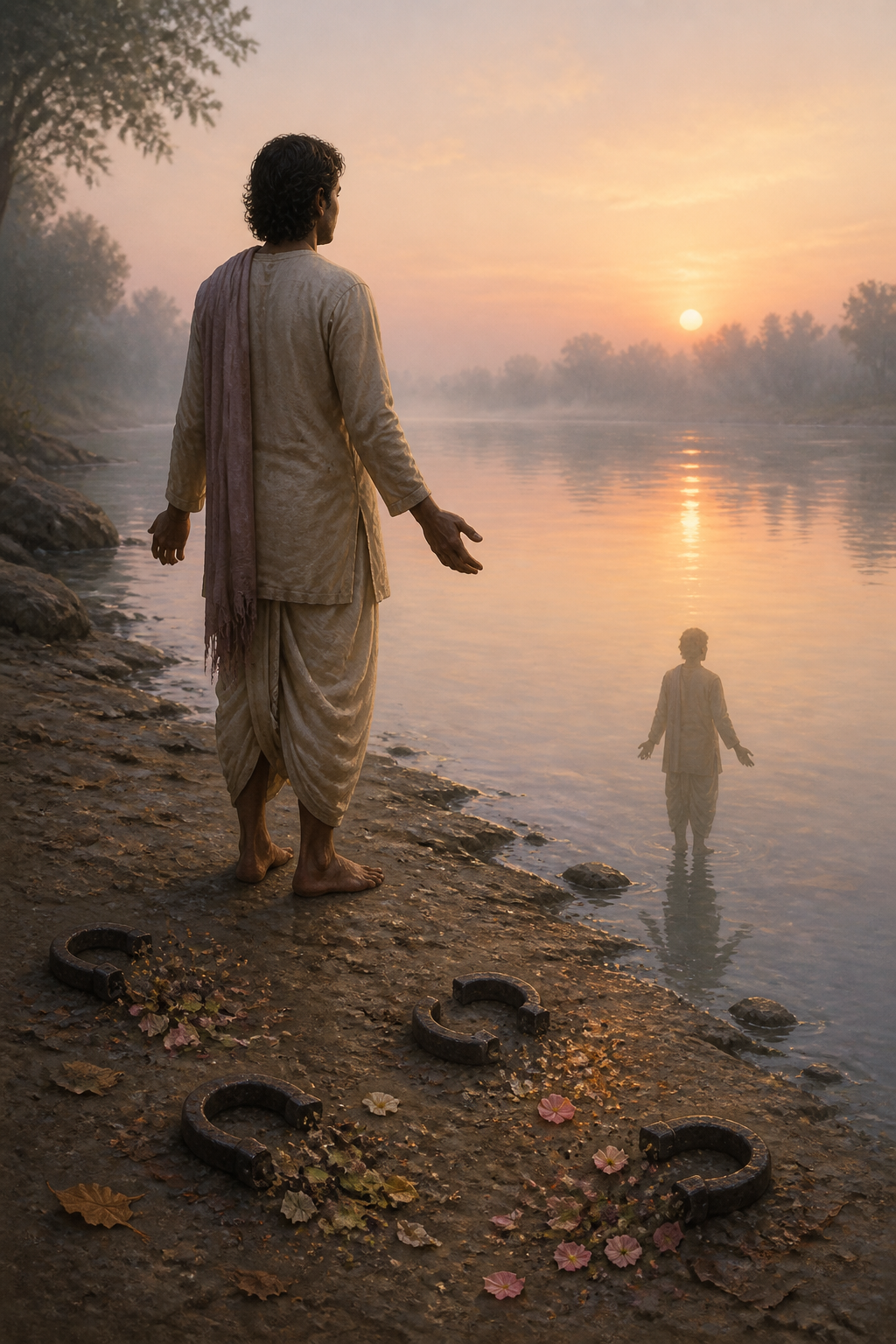 A devotee stands calmly beside a river at sunrise while separated iron chain links dissolve into leaves and flower petals at their feet.