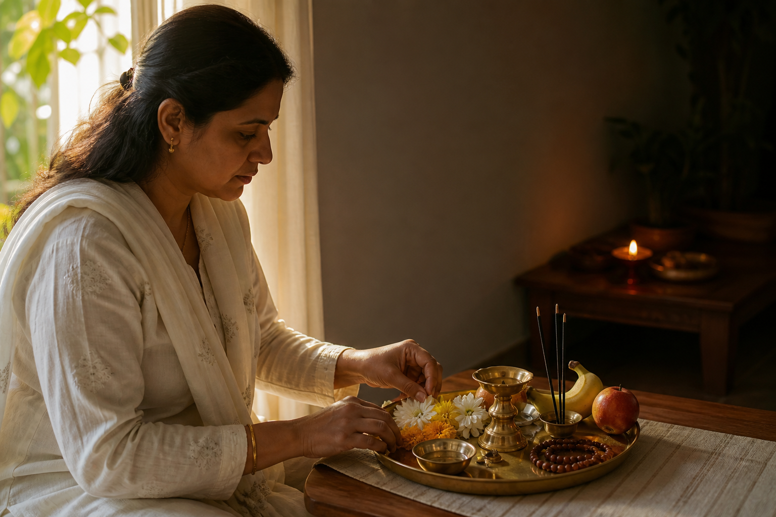 A devotee's hands place a flower beside brass lamps, a copper vessel, tulsi leaves, fruit and prayer beads on a home altar.