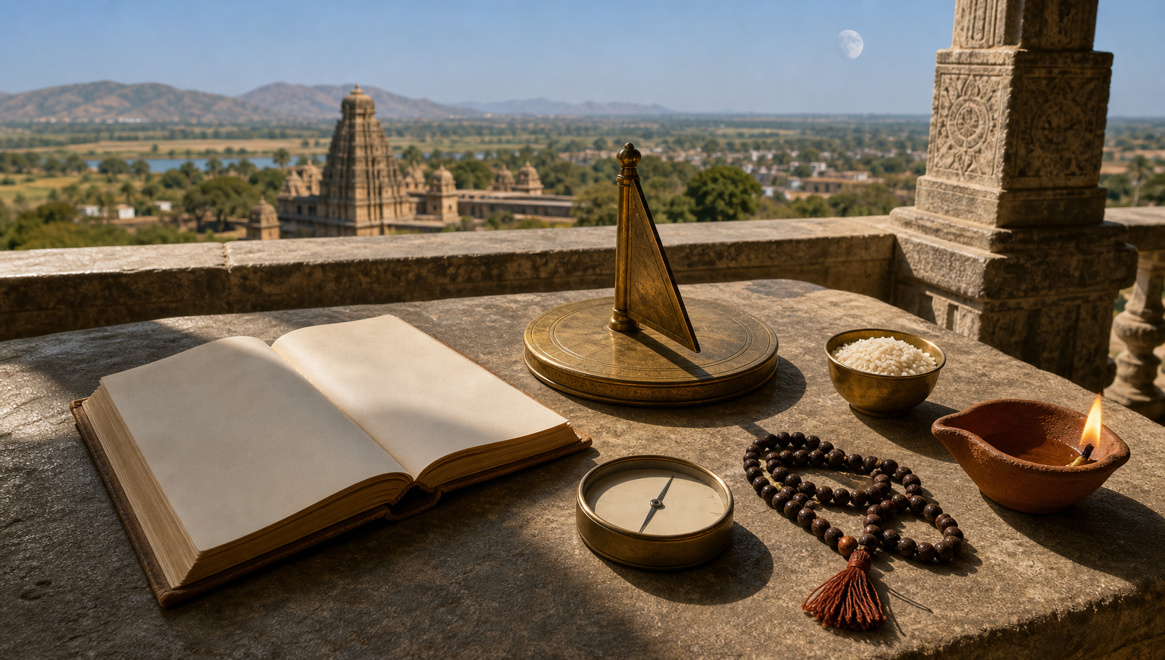 A blank almanac, compass, shadow marker, prayer beads, rice and clay lamp rest on a veranda beneath the sun and a pale moon.