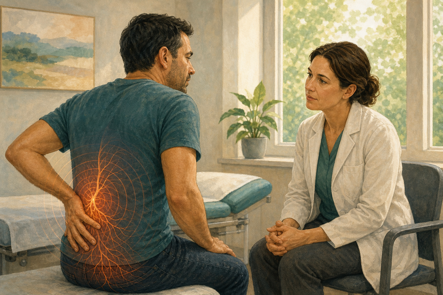 A patient points to the lower back while a clinician listens, with translucent ripples and branching lines illustrated around the painful area.