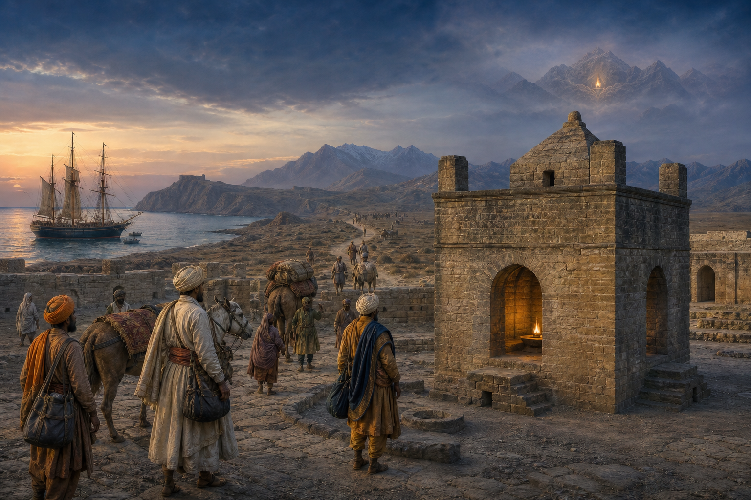 Historical illustration of Indian merchants and pilgrims arriving at the stone fire shrine of Ateshgah near Baku, with a caravan road, mountains, and a Caspian sailing vessel in the distance.