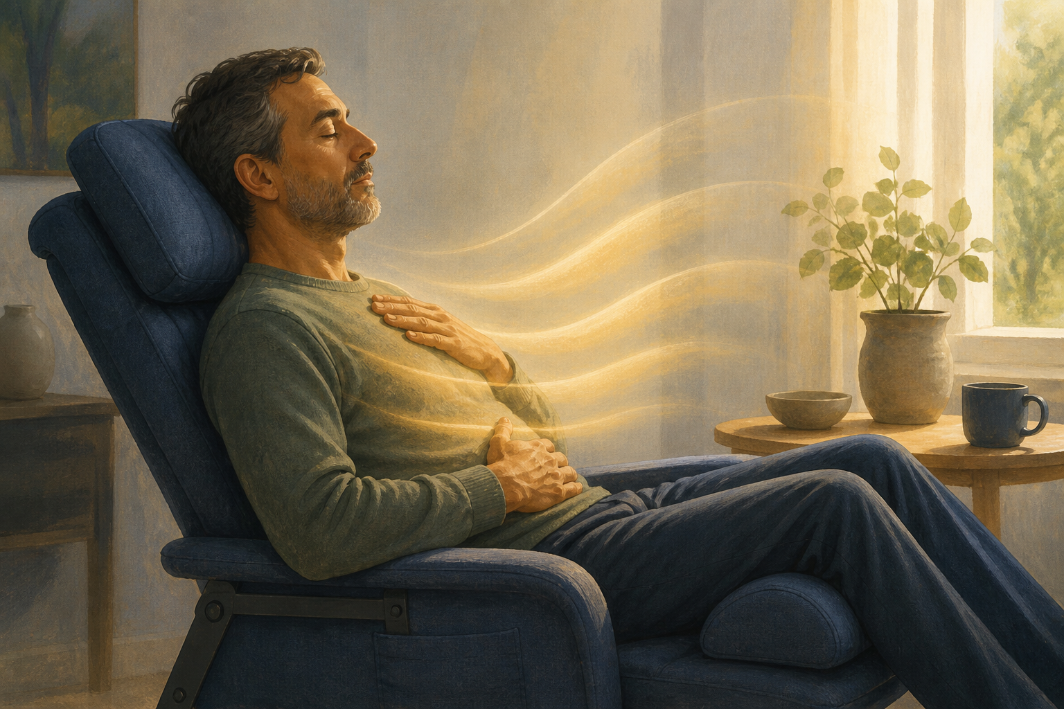 An adult reclines in a cushioned chair with one hand on the chest and one on the abdomen as soft bands of light spread from the ribs.