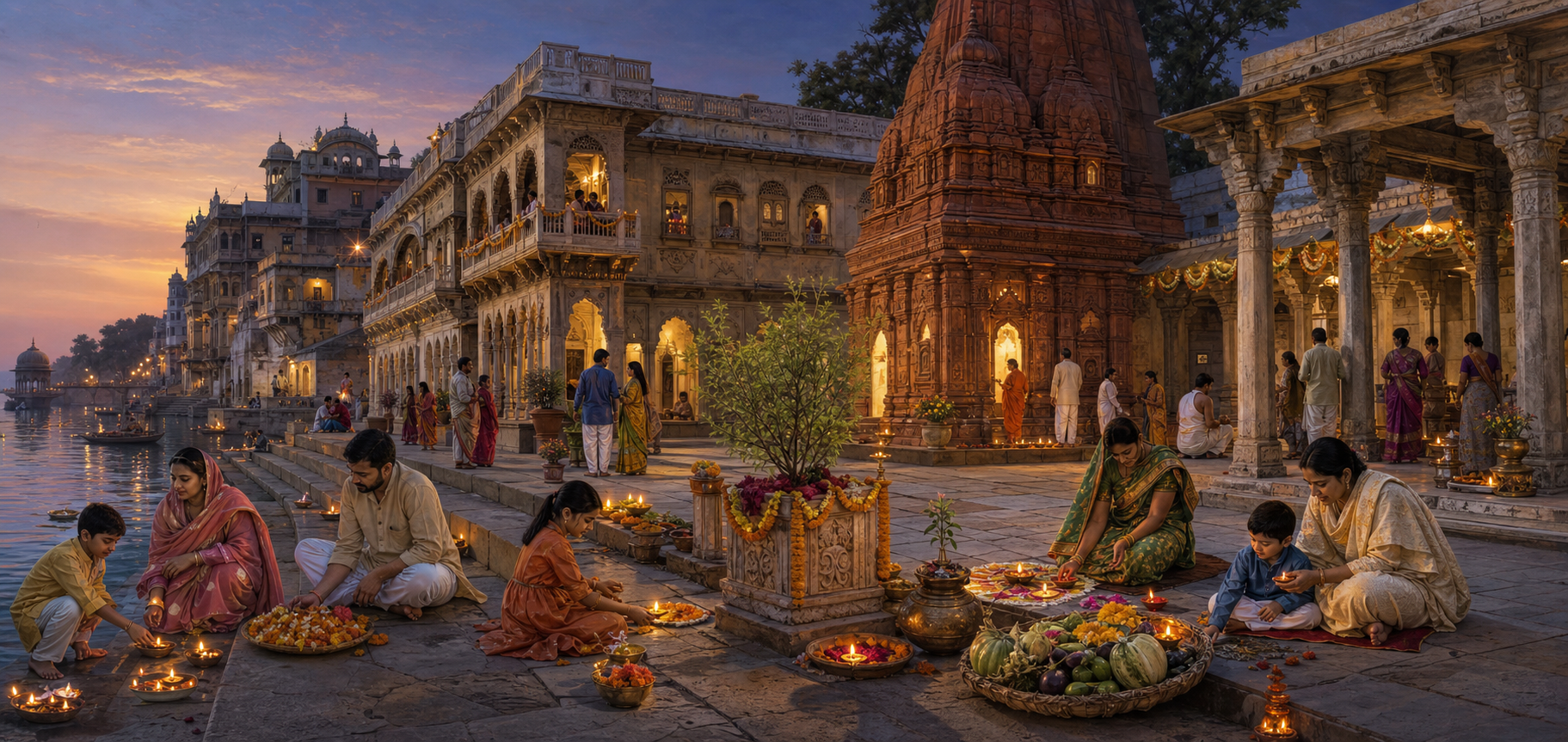 Families in varied regional dress gather with lamps, flowers, tulsi plants and offerings in a courtyard framed by several Indian architectural traditions.