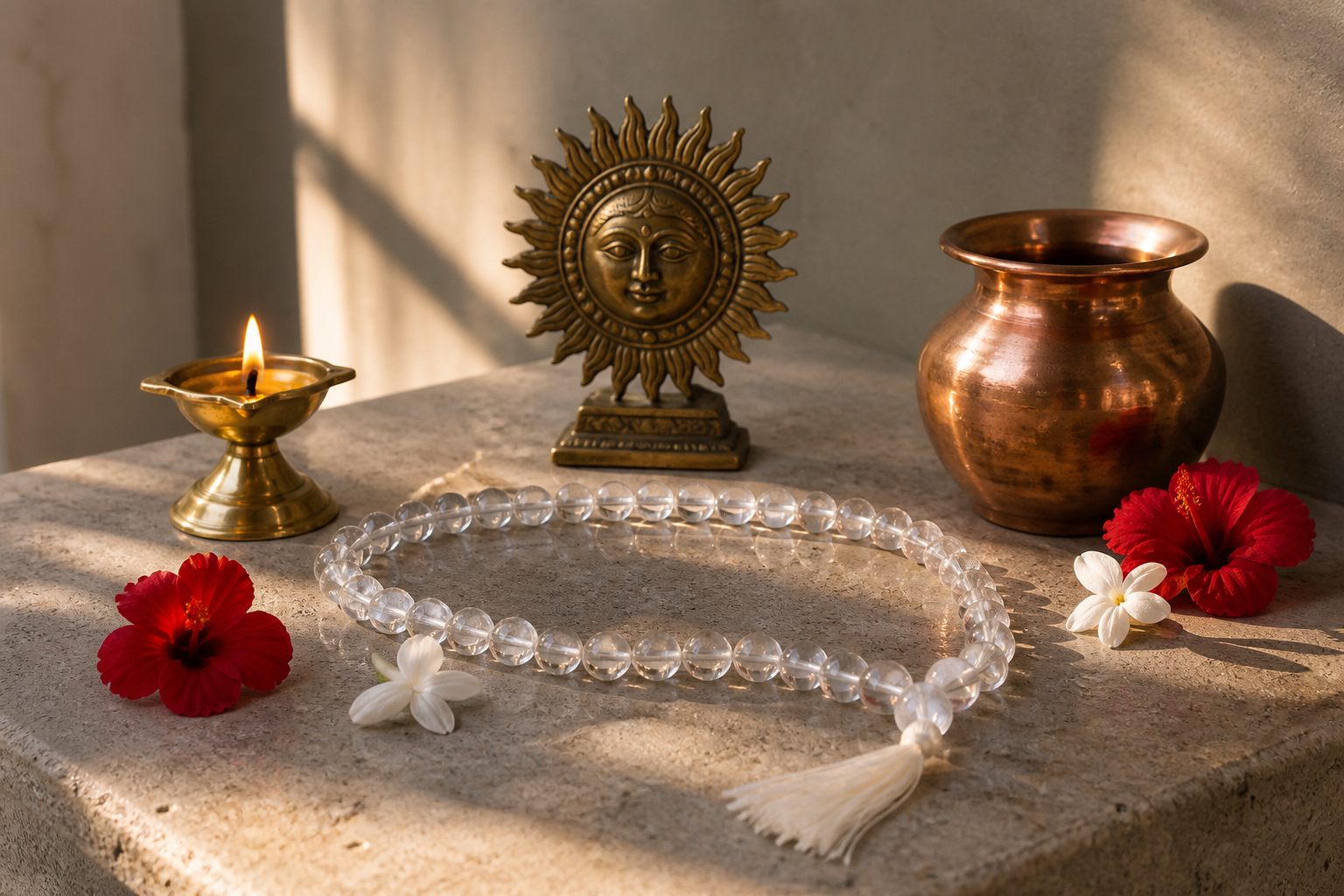 A clear sphatika mala rests on a stone altar with a brass Surya disc, oil lamp, copper vessel, and fresh flowers in dawn light.
