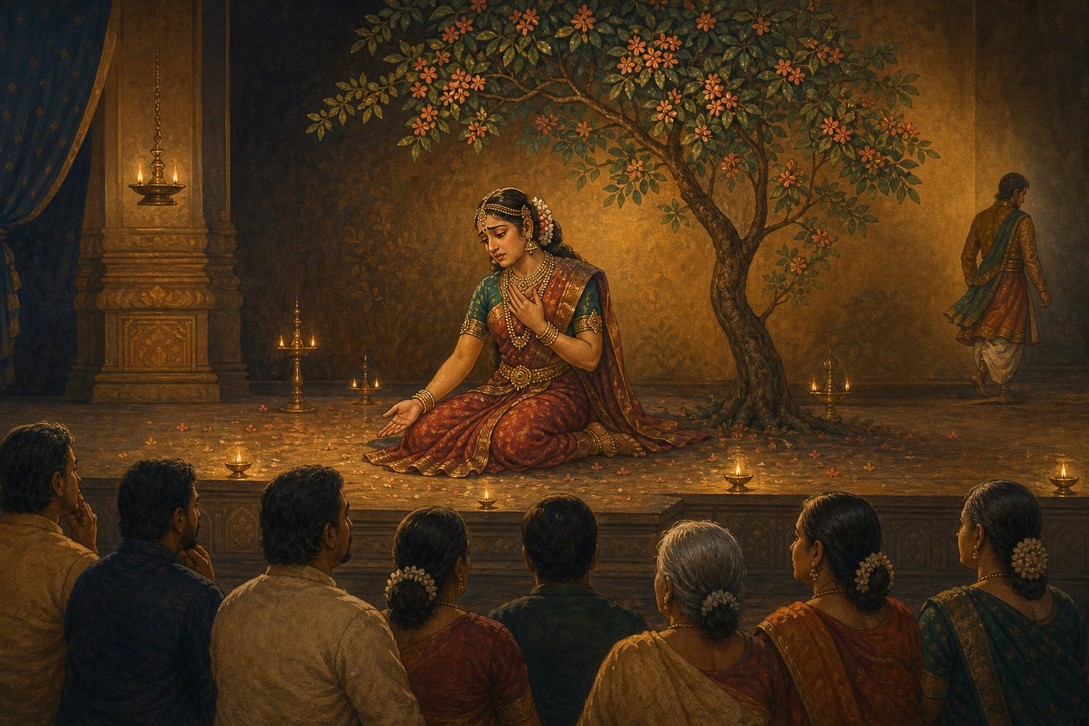 An actor portrays a grieving heroine beneath a tree while a seated audience watches the lamplit performance in absorbed stillness.