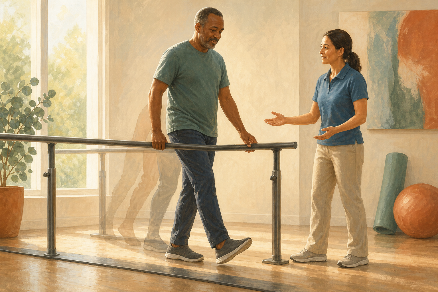 An adult takes a controlled step beside a support rail while a physical therapist observes nearby.
