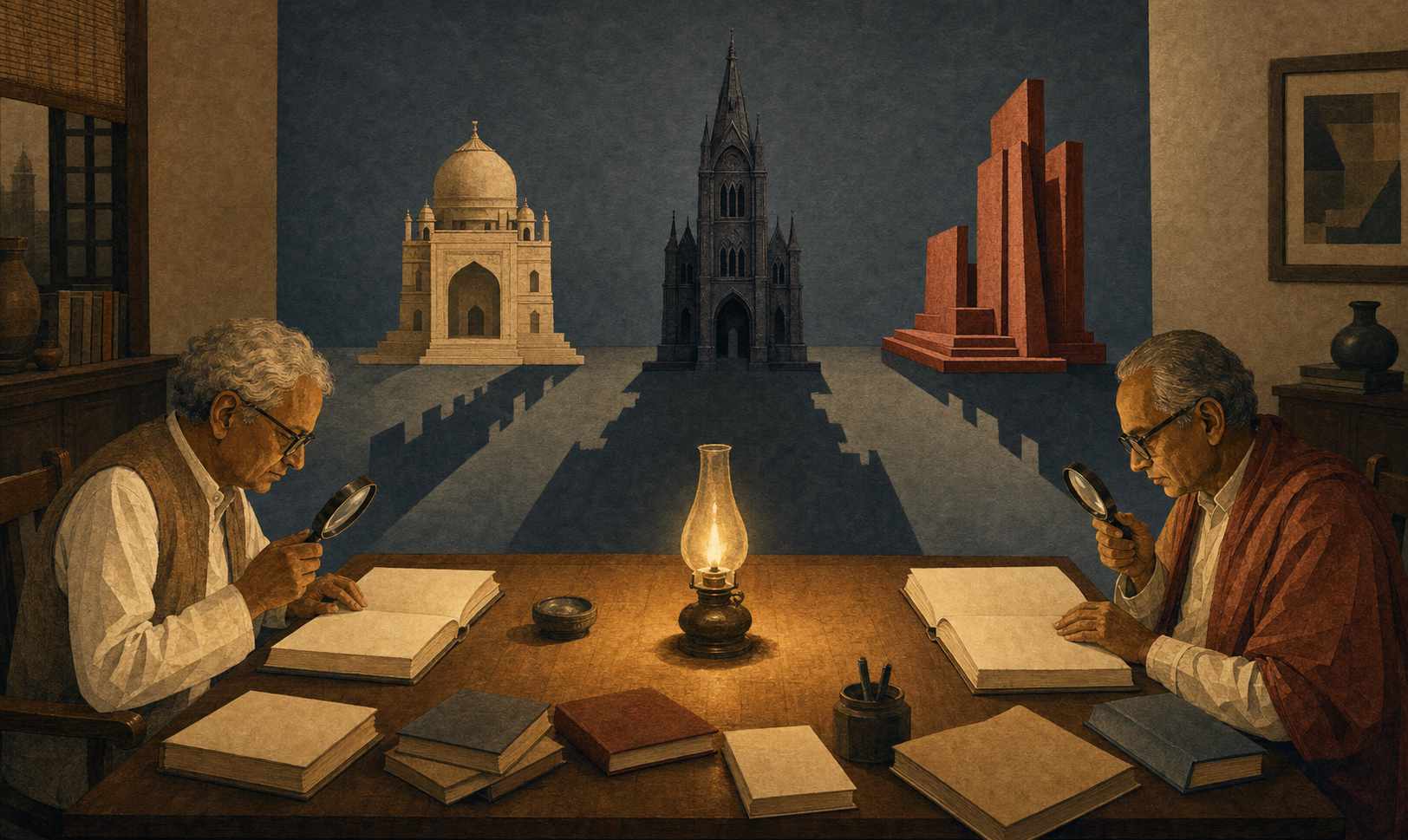 Two older Indian scholars examine three contrasting institutional structures on a library table while a small oil lamp glows between them.