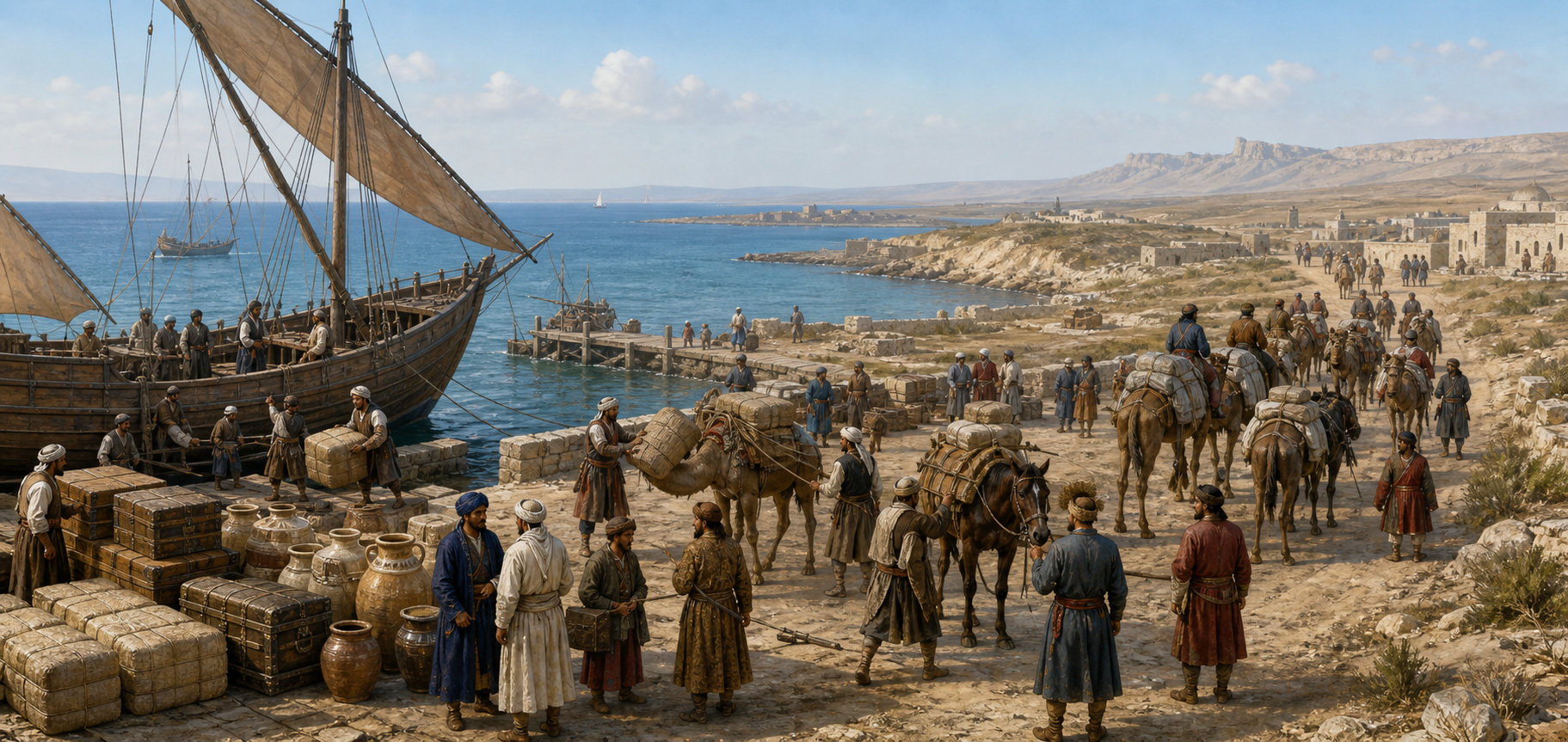 Merchants transfer cargo from a wooden Caspian sailing vessel to camels and pack horses as an overland caravan prepares to depart.