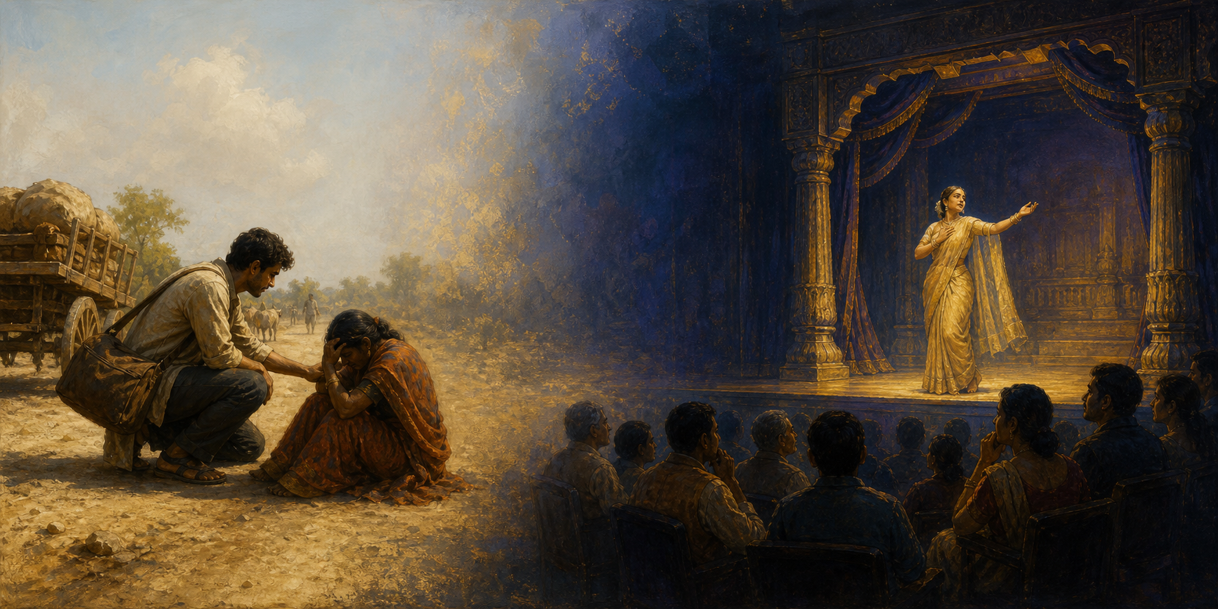 A split scene contrasts a person moving to help during real grief with spectators quietly experiencing grief in a theatrical performance.