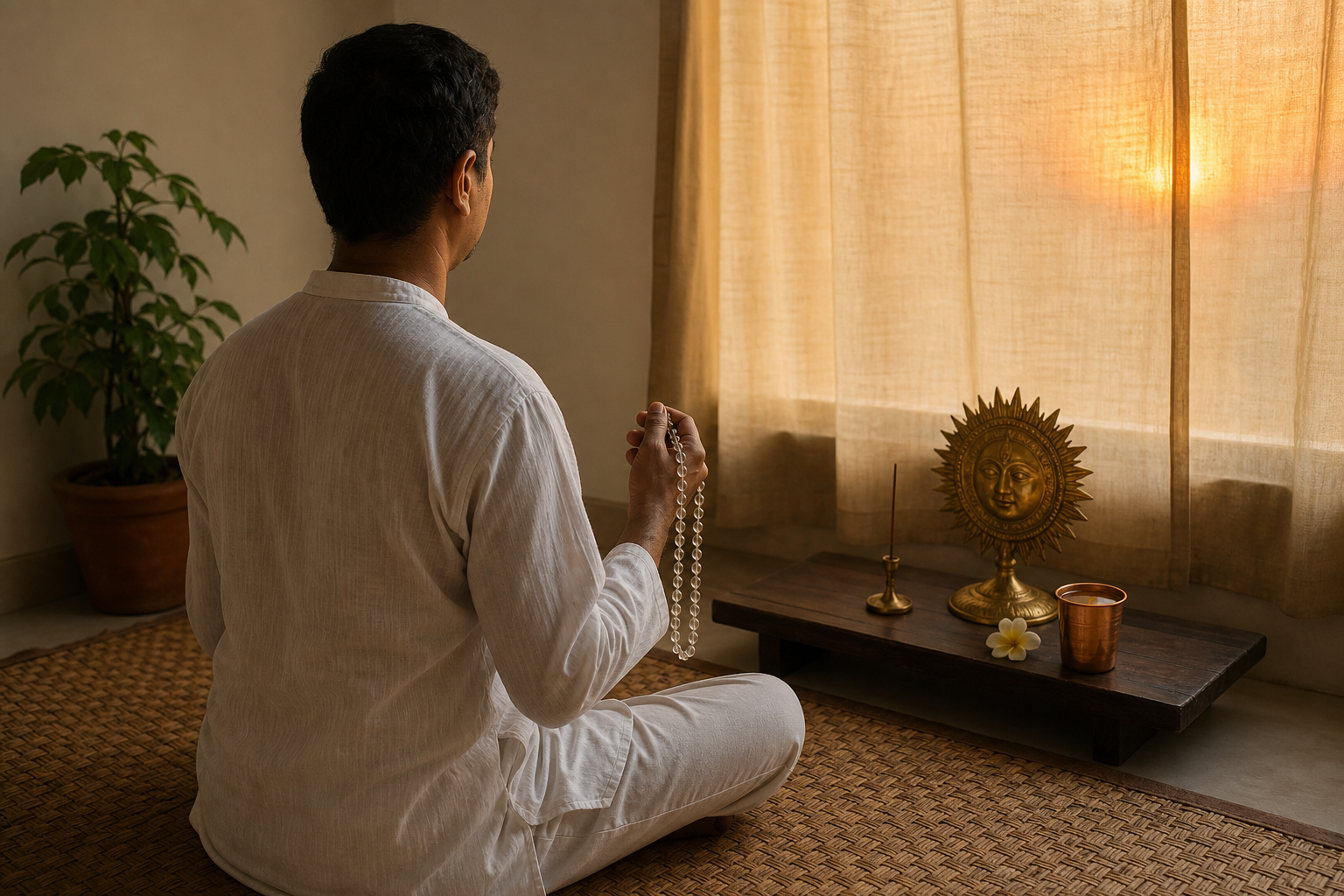A seated worshipper holds a clear sphatika mala beside a simple Surya altar in soft dawn light.