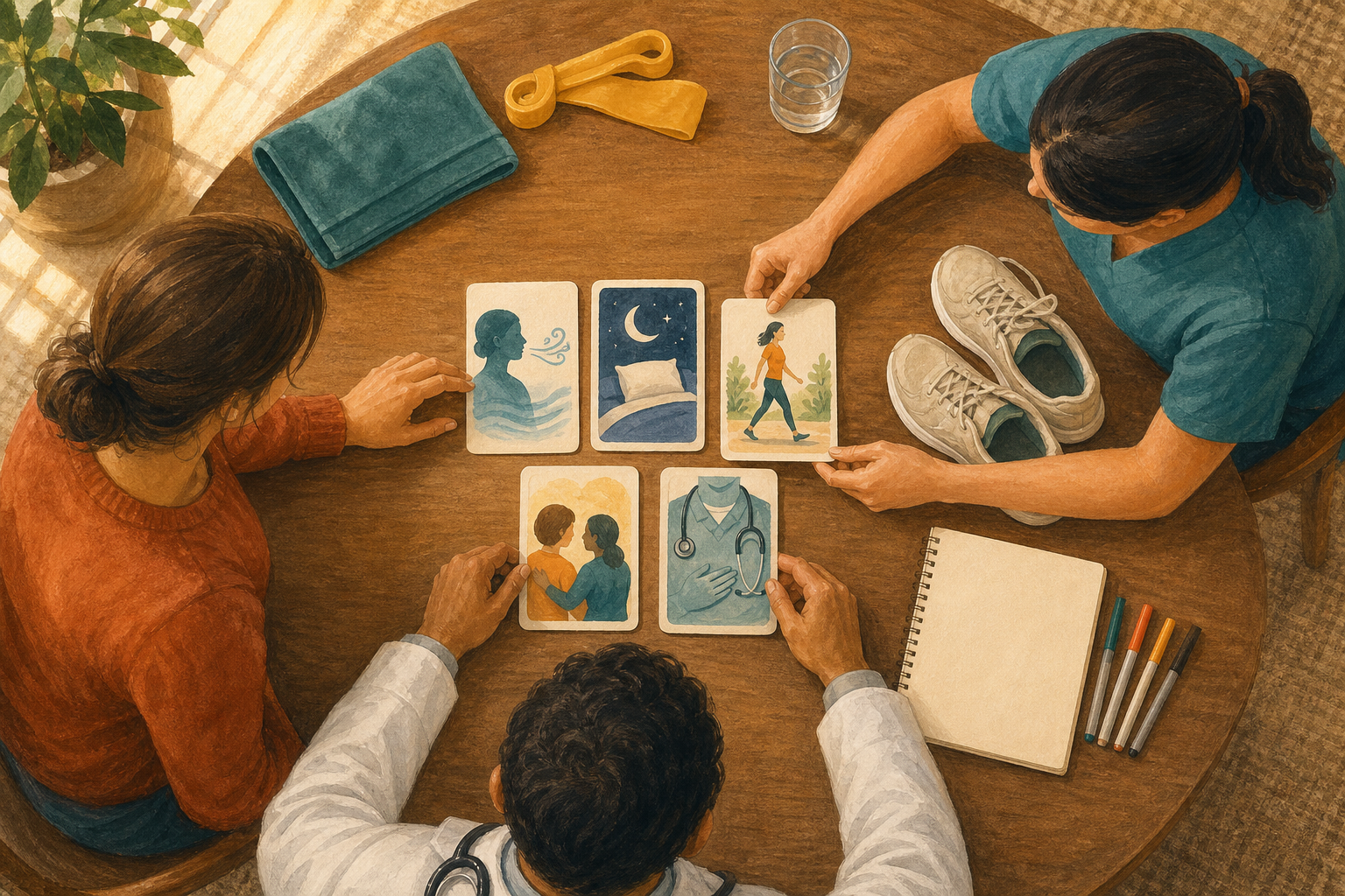 A patient, physician, and physical therapist arrange picture cards beside a heat wrap, resistance band, water, walking shoes, and a blank notebook.