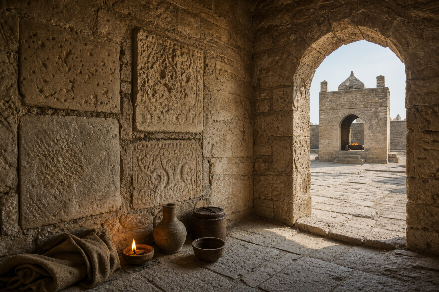 Weathered stone cell at Ateshgah with inset carved panels, an arched view of the courtyard pavilion, a small lamp, cloth, and merchant containers.