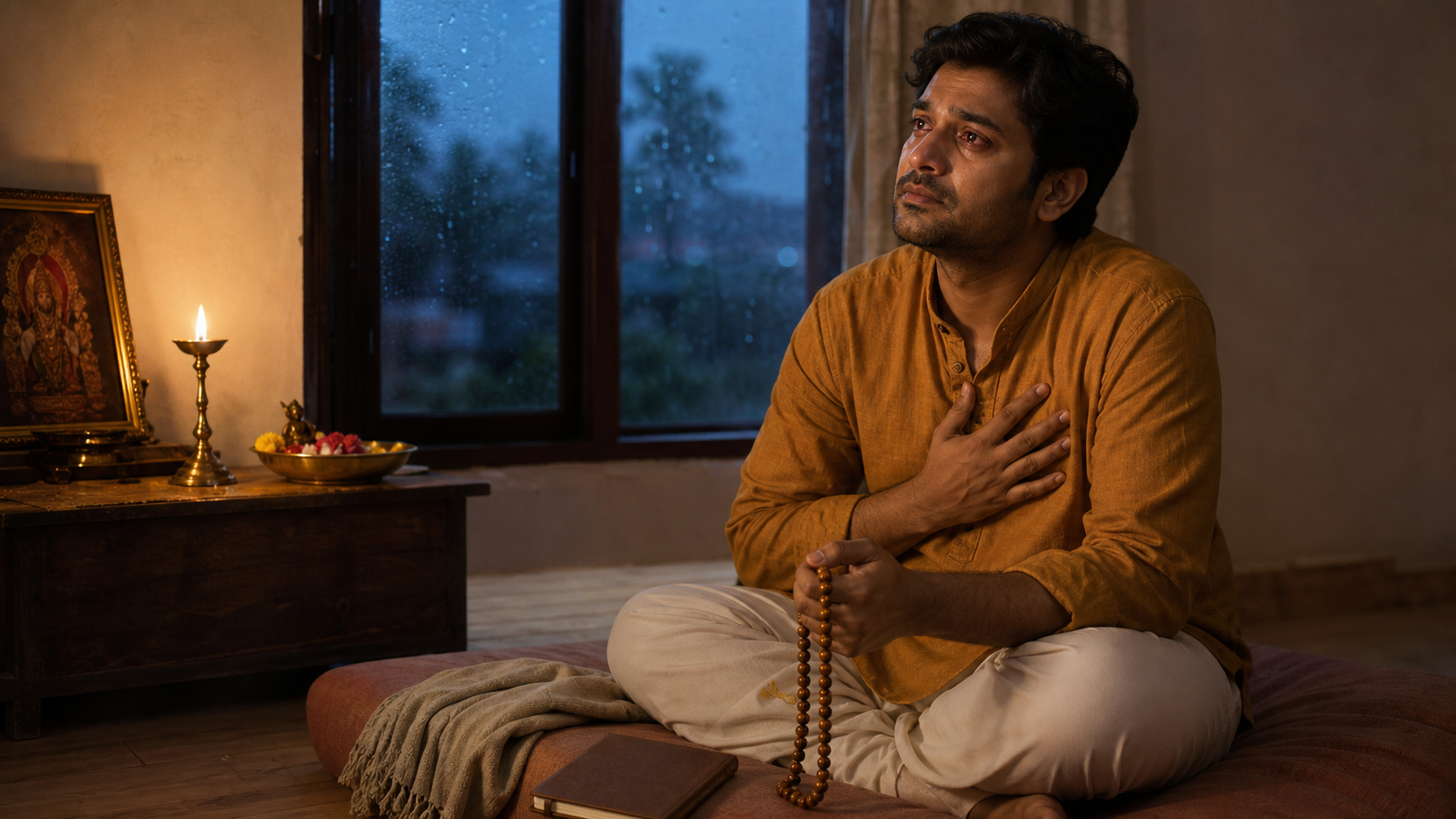 A person holding prayer beads sits tearfully beside a small home shrine illuminated by an oil lamp at dusk.